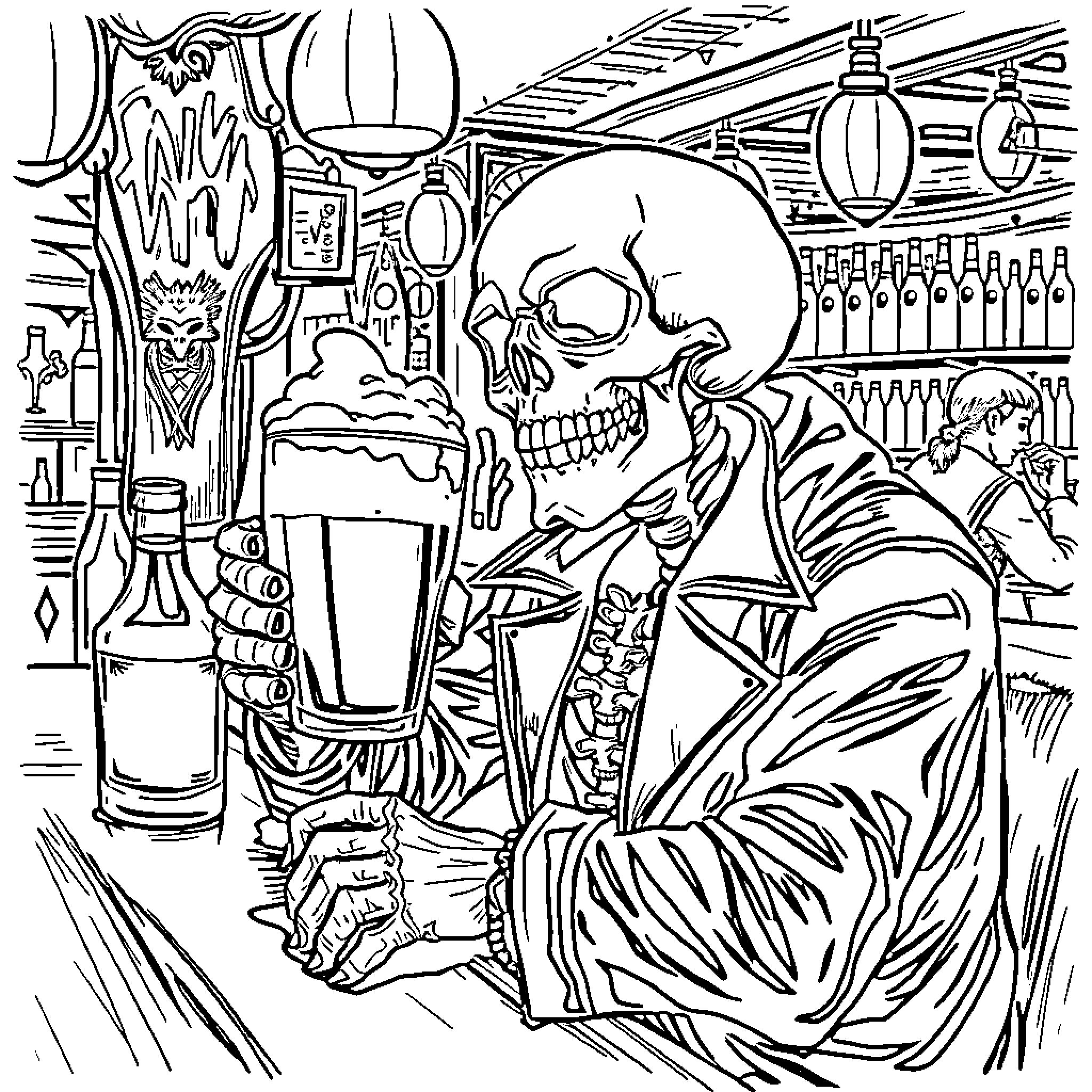 Death Drinking in the Dark Tavern Coloring Page (free black-and-white line drawing printable PDF for all, from beginners to advanced learners, including children, teens, adults, and seniors)