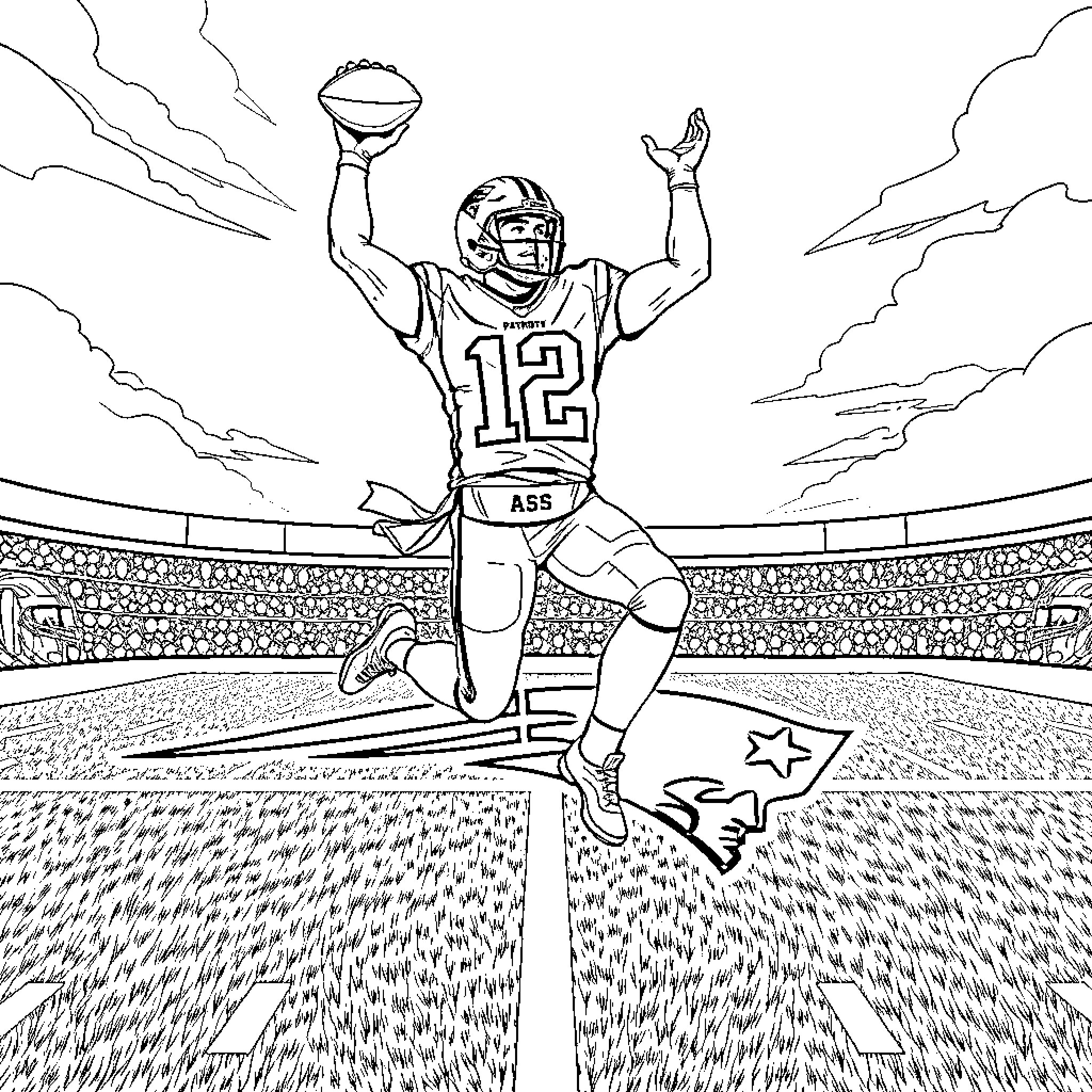 Josh Allen Celebrates Game-Winning Touchdown in Stadium Coloring Page (free black-and-white line drawing printable PDF for all, from beginners to advanced learners, including children, teens, adults, and seniors)