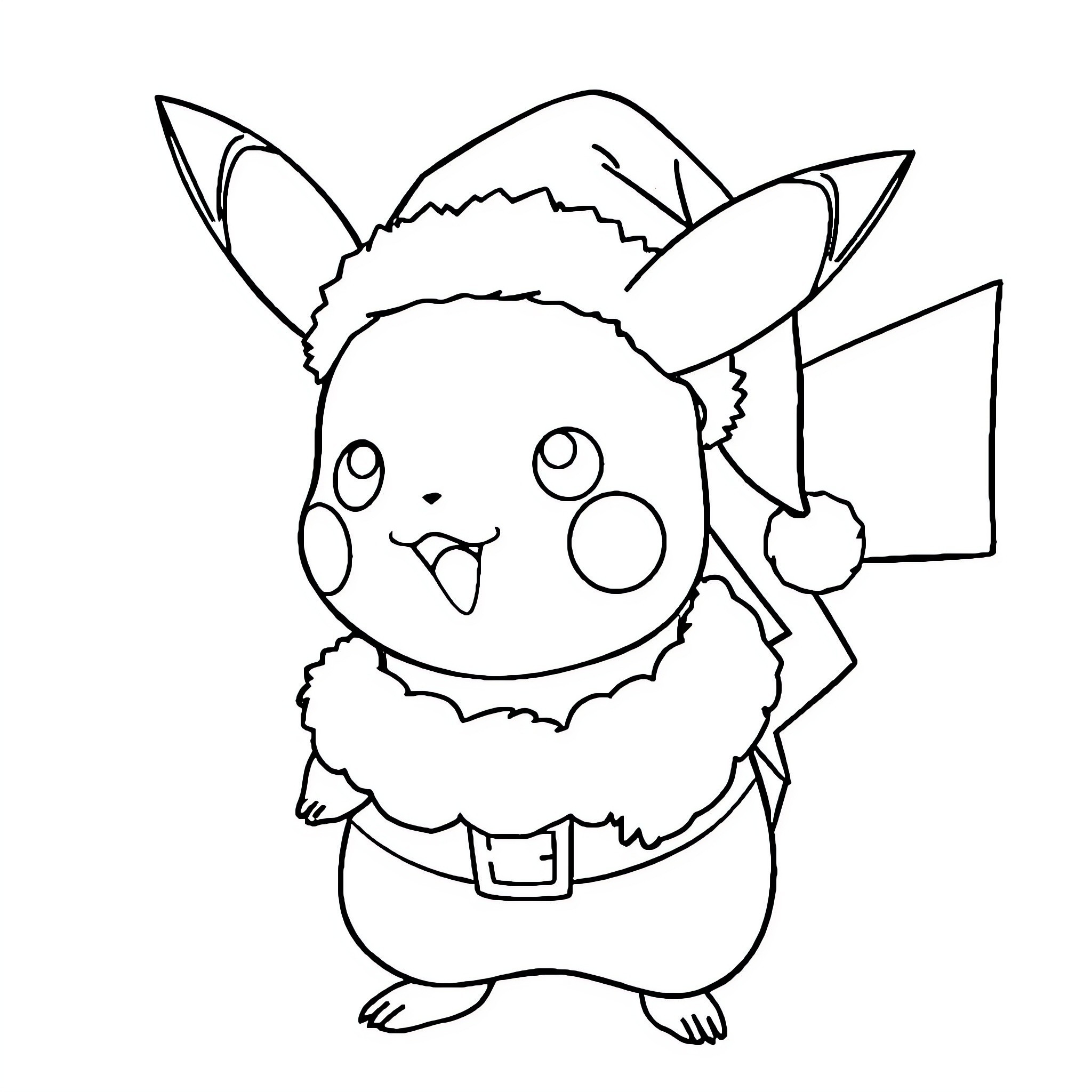 Pikachu dressed as Santa Claus with winter accessories Coloring Page (free black-and-white line drawing printable PDF for all, from beginners to advanced learners, including children, teens, adults, and seniors)