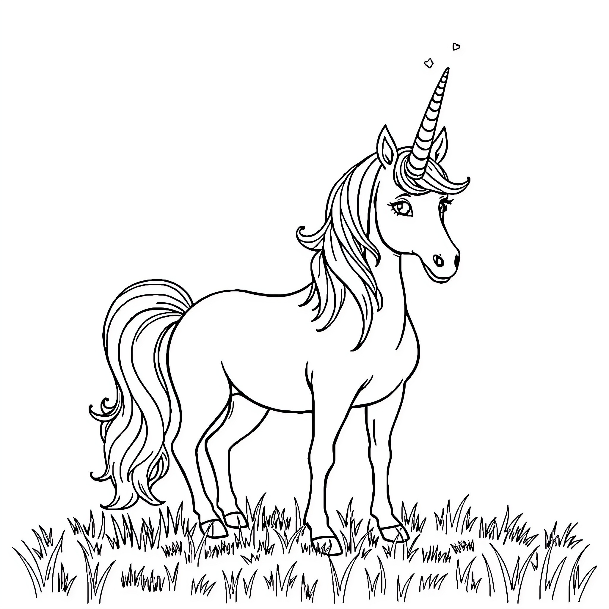 Unicorn standing majestically in a grassy field Coloring Page (free black-and-white line drawing printable PDF for all, from beginners to advanced learners, including children, teens, adults, and seniors)
