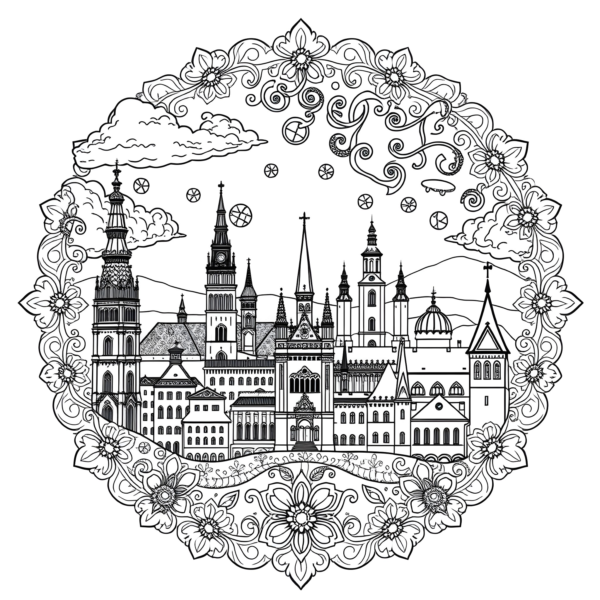 Nürnberg - Ornate Architectural Wonders in Intricate Floral Frame Coloring Page (free black-and-white line drawing printable PDF for all, from beginners to advanced learners, including children, teens, adults, and seniors)