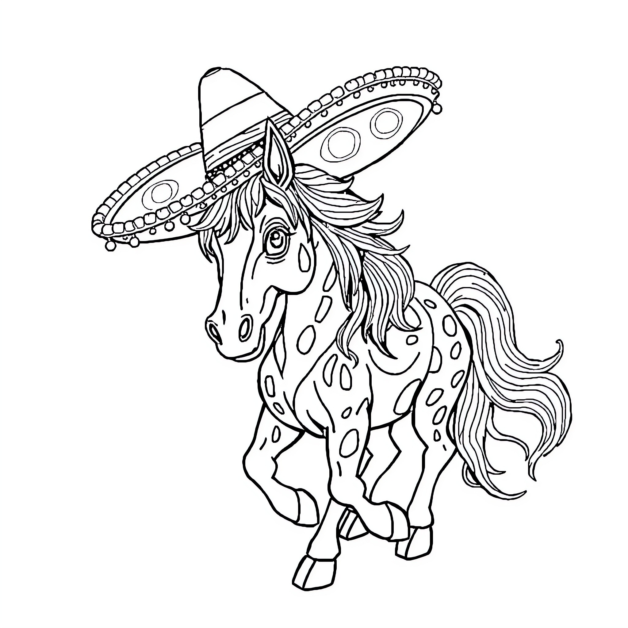 Ornitorrinco Poncho-Wearing Pony Prancing Playfully Coloring Page (free black-and-white line drawing printable PDF for all, from beginners to advanced learners, including children, teens, adults, and seniors)