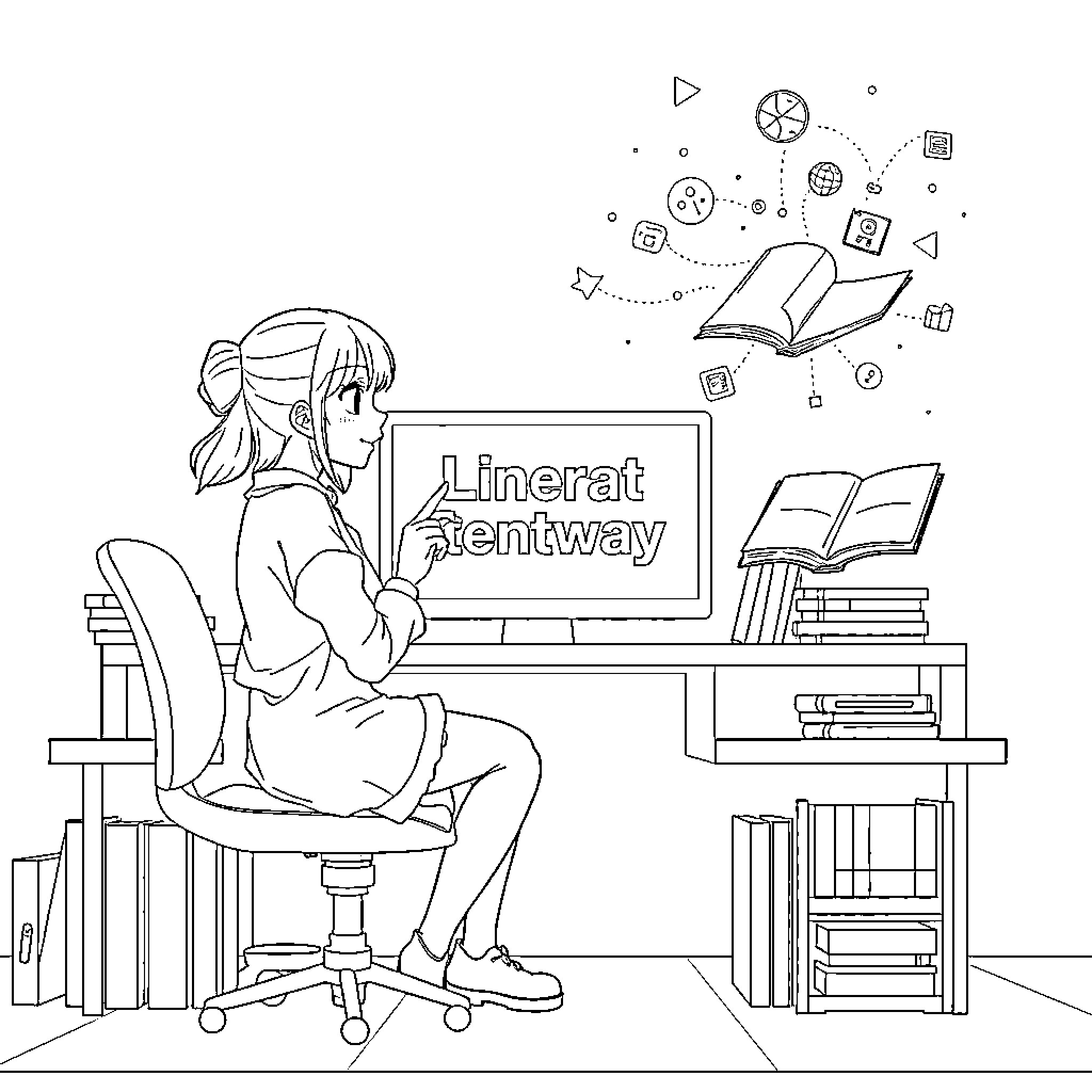 Girl studying intently at her desk Coloring Page (free black-and-white line drawing printable PDF for all, from beginners to advanced learners, including children, teens, adults, and seniors)