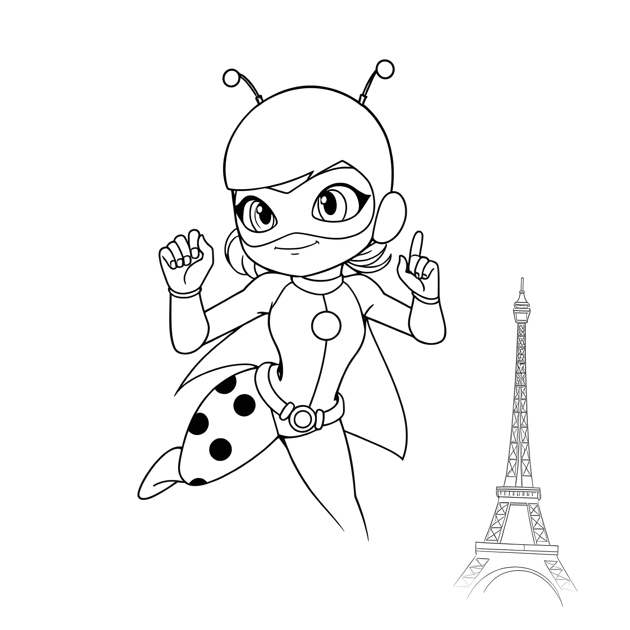 Ladybug superhero striking a pose in front of Eiffel Tower Coloring Page (free black-and-white line drawing printable PDF for all, from beginners to advanced learners, including children, teens, adults, and seniors)