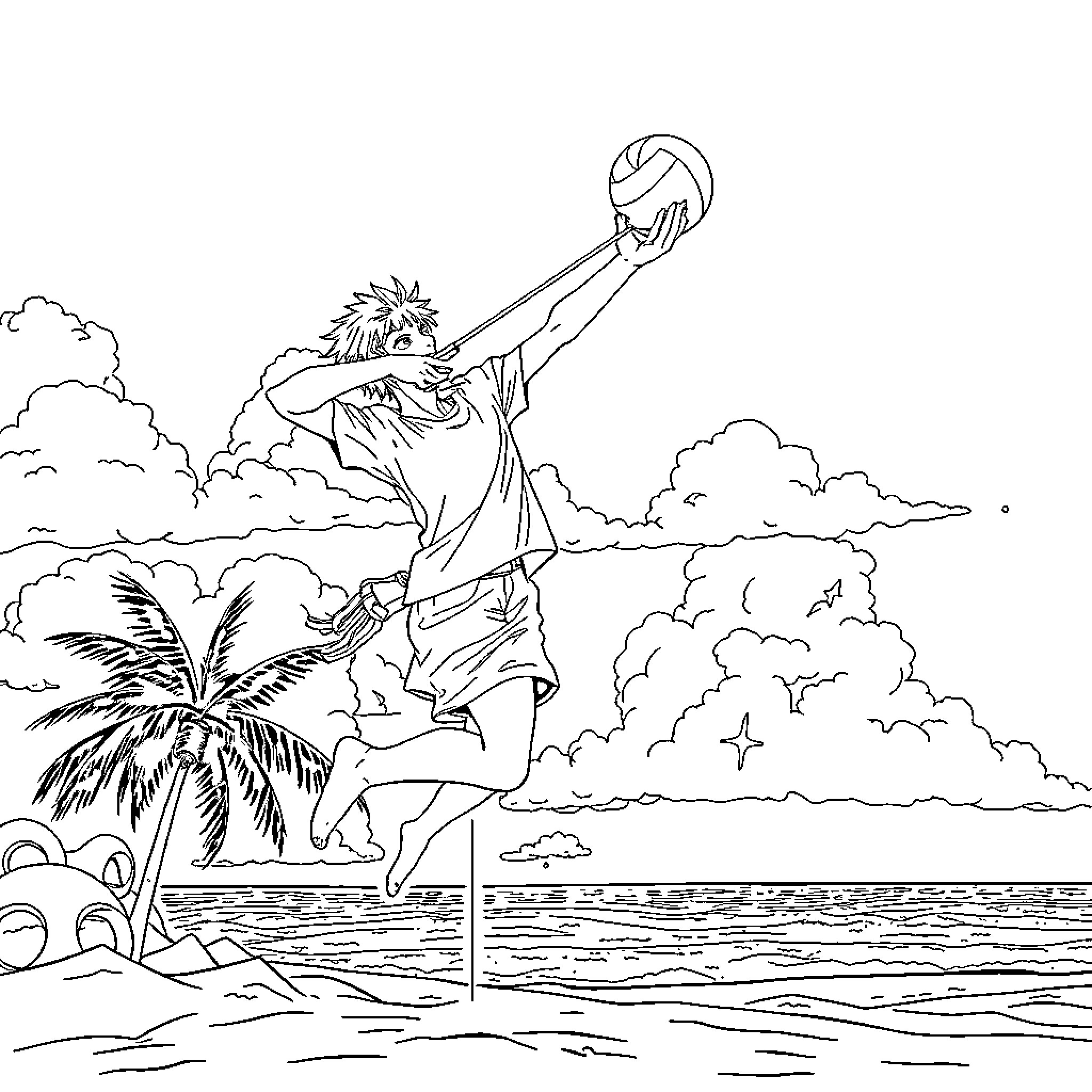 Archer drawing a bow while leaping over ocean waves Coloring Page (free black-and-white line drawing printable PDF for all, from beginners to advanced learners, including children, teens, adults, and seniors)