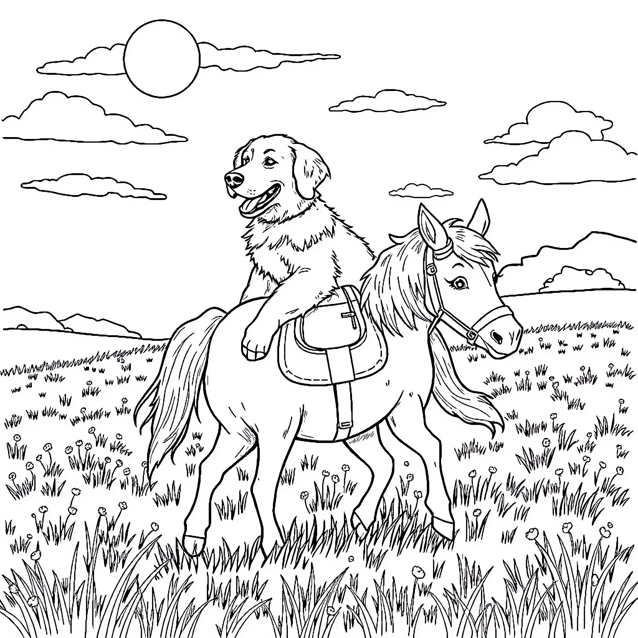 Retriever Riding a Horse Through the Countryside Coloring Page (free black-and-white line drawing printable PDF for all, from beginners to advanced learners, including children, teens, adults, and seniors)