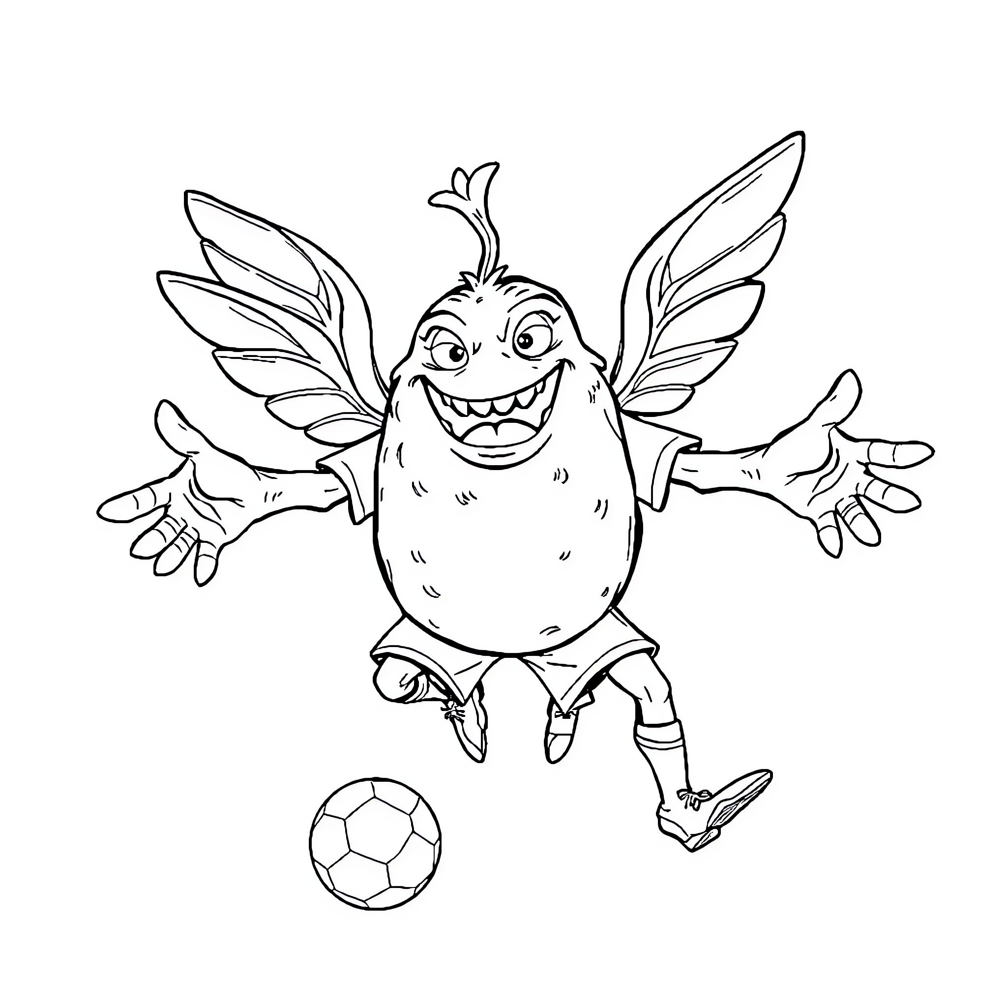 Meatball the Friendly Fairy Creature Playing Soccer Coloring Page (free black-and-white line drawing printable PDF for all, from beginners to advanced learners, including children, teens, adults, and seniors)