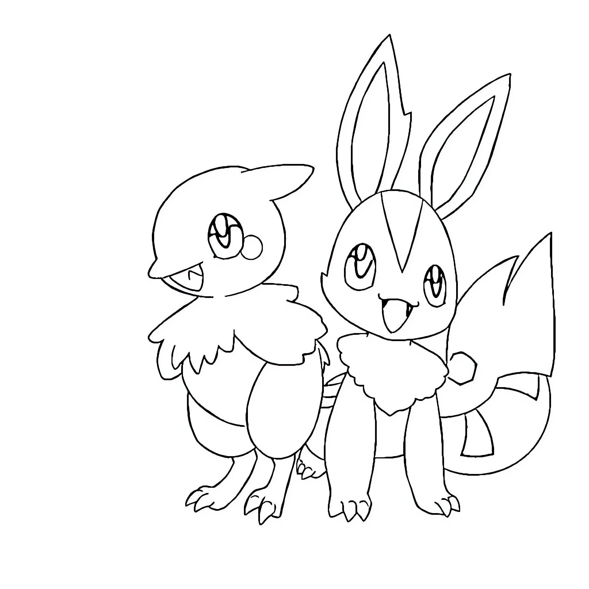 Pokémon Companions with Expressive Faces Coloring Page (free black-and-white line drawing printable PDF for all, from beginners to advanced learners, including children, teens, adults, and seniors)