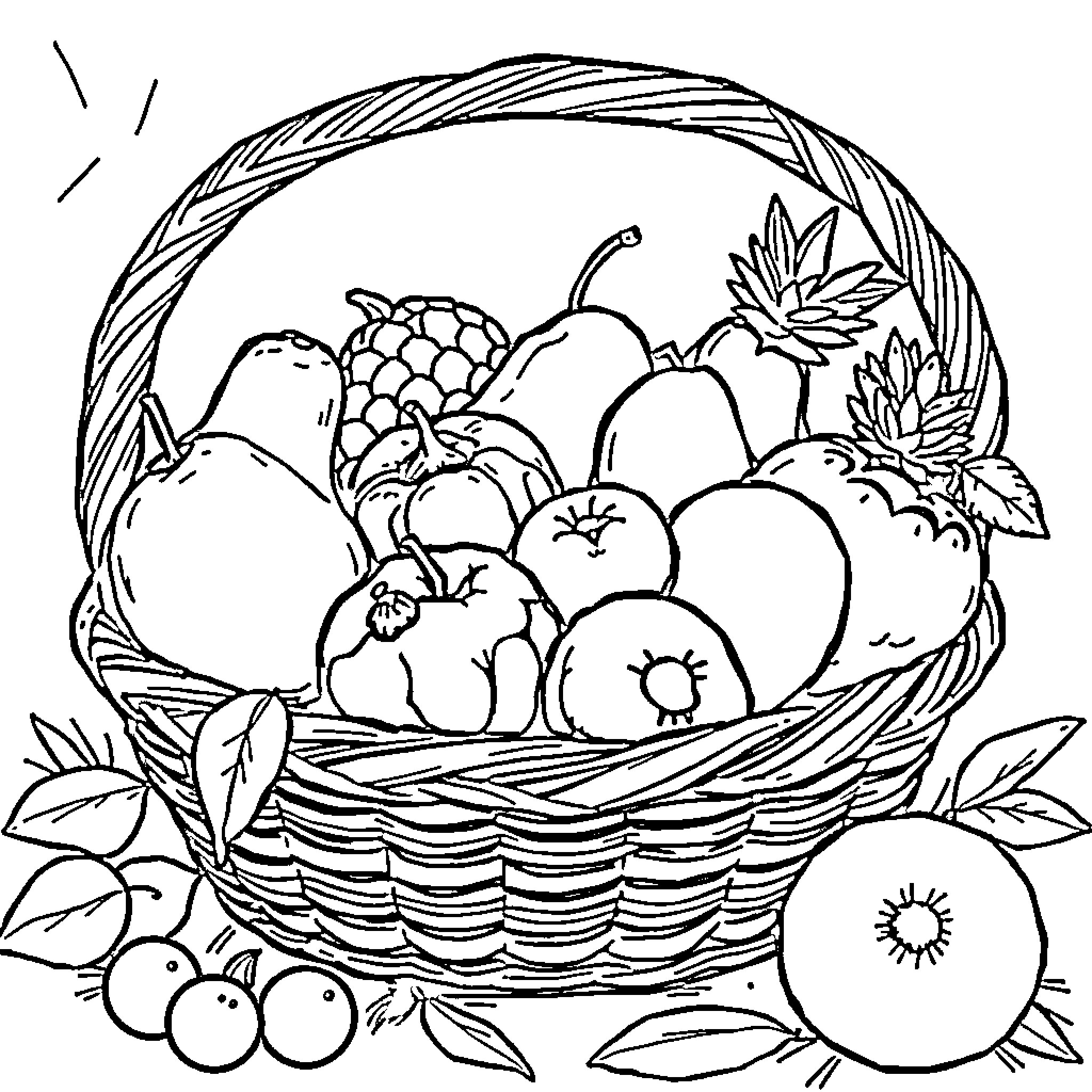 Fruit Basket Filled with Variety of Produce Coloring Page (free black-and-white line drawing printable PDF for all, from beginners to advanced learners, including children, teens, adults, and seniors)