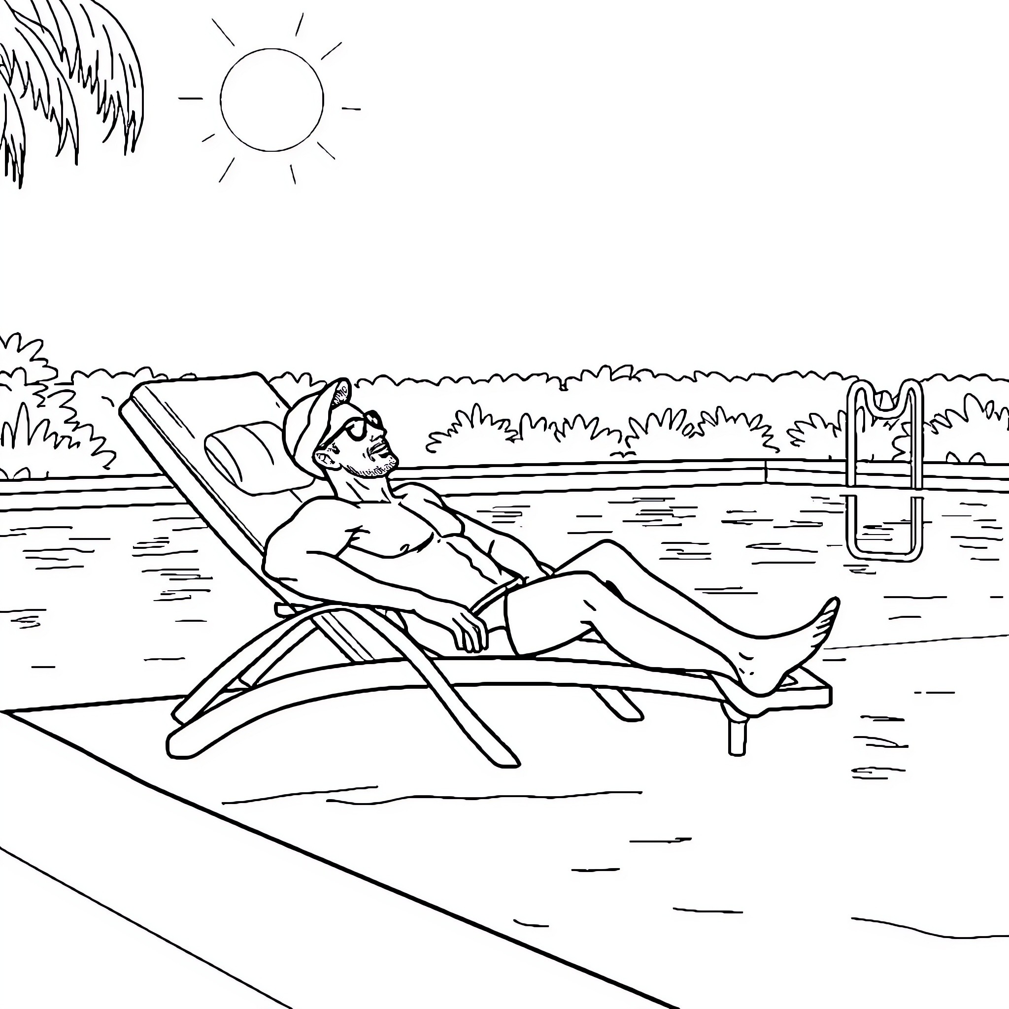Man relaxing on a lounge chair by the pool Coloring Page (free black-and-white line drawing printable PDF for all, from beginners to advanced learners, including children, teens, adults, and seniors)