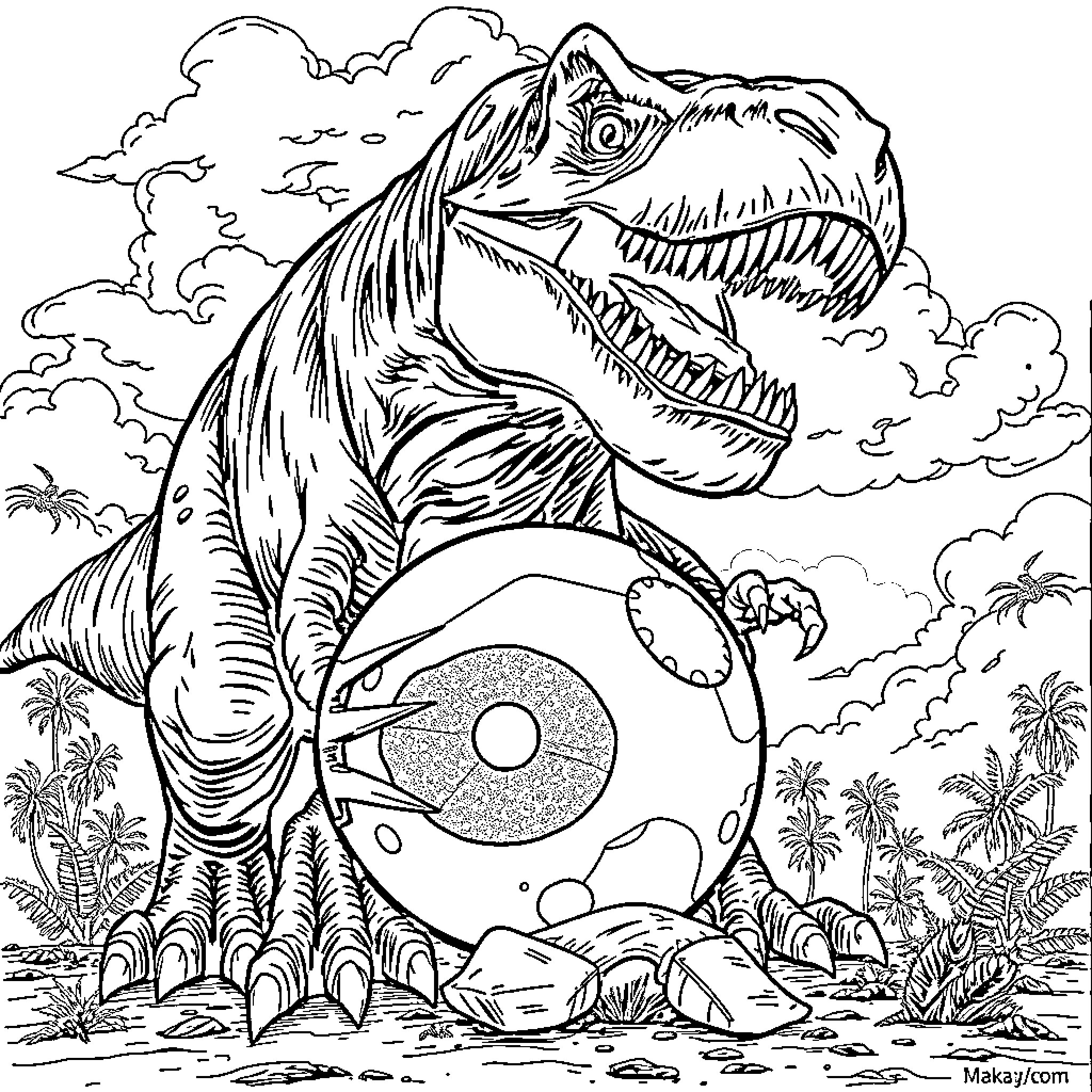 T-Rex Stomping Through Prehistoric Landscape Coloring Page (free black-and-white line drawing printable PDF for all, from beginners to advanced learners, including children, teens, adults, and seniors)