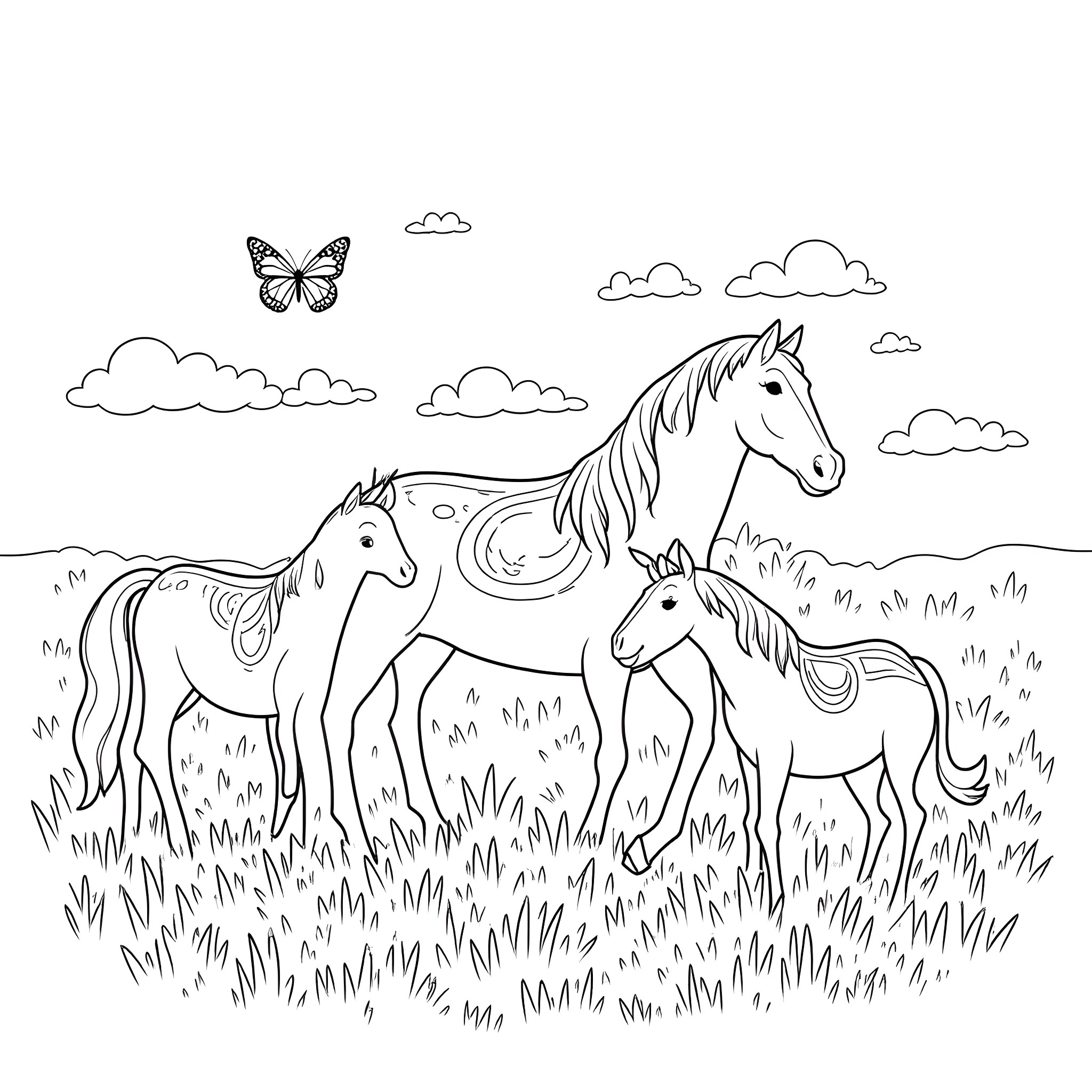 Butterfly Companions Roam the Meadow Coloring Page (free black-and-white line drawing printable PDF for all, from beginners to advanced learners, including children, teens, adults, and seniors)