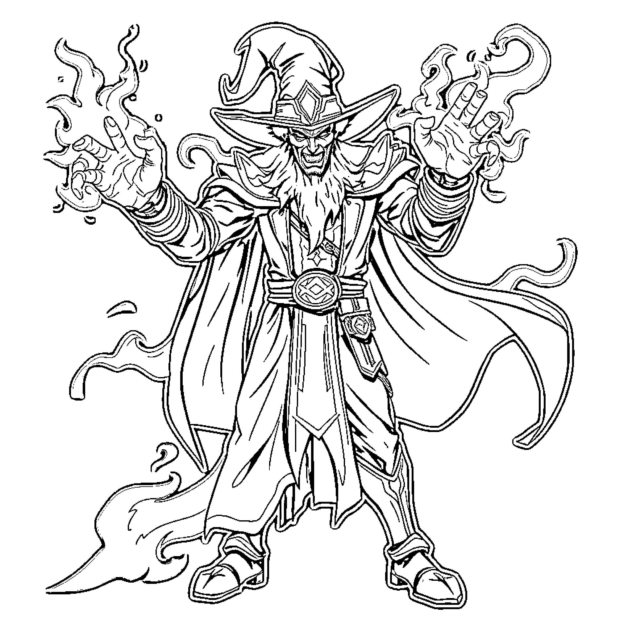 Witch Doctor casting powerful magical spells Coloring Page (free black-and-white line drawing printable PDF for all, from beginners to advanced learners, including children, teens, adults, and seniors)