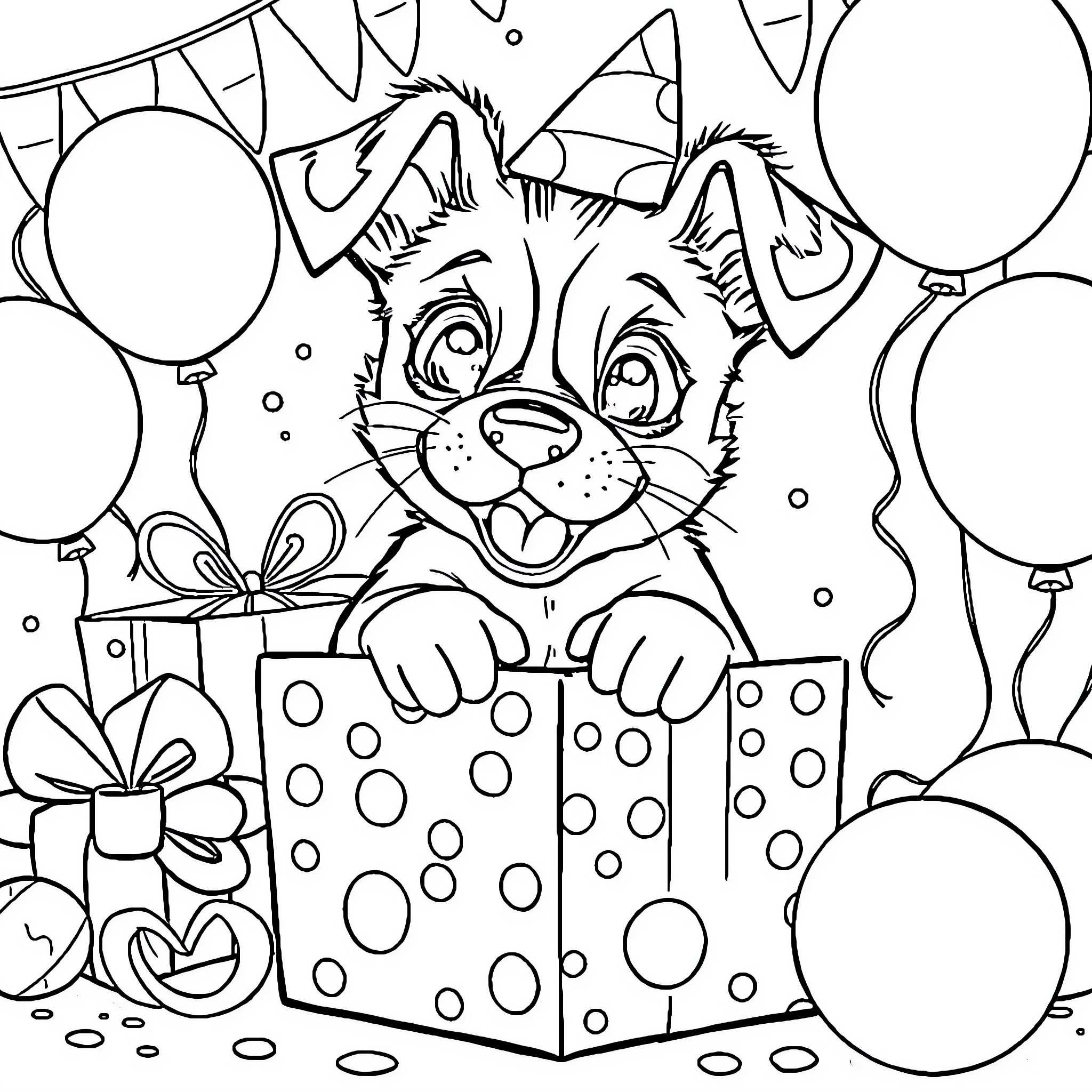Puppy peeking out of gift box with balloons Coloring Page (free black-and-white line drawing printable PDF for all, from beginners to advanced learners, including children, teens, adults, and seniors)
