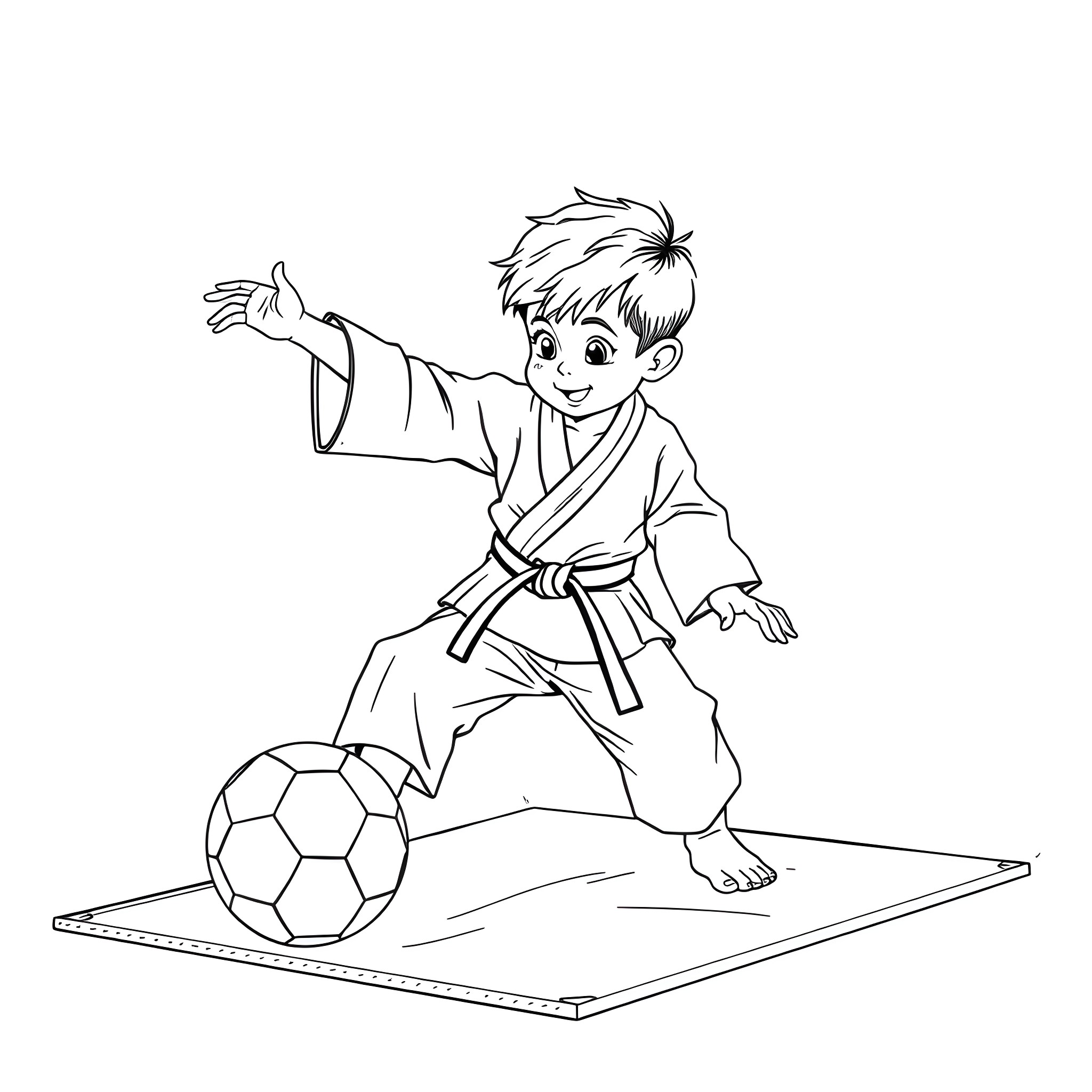 Boy playing with soccer ball in martial arts outfit Coloring Page (free black-and-white line drawing printable PDF for all, from beginners to advanced learners, including children, teens, adults, and seniors)