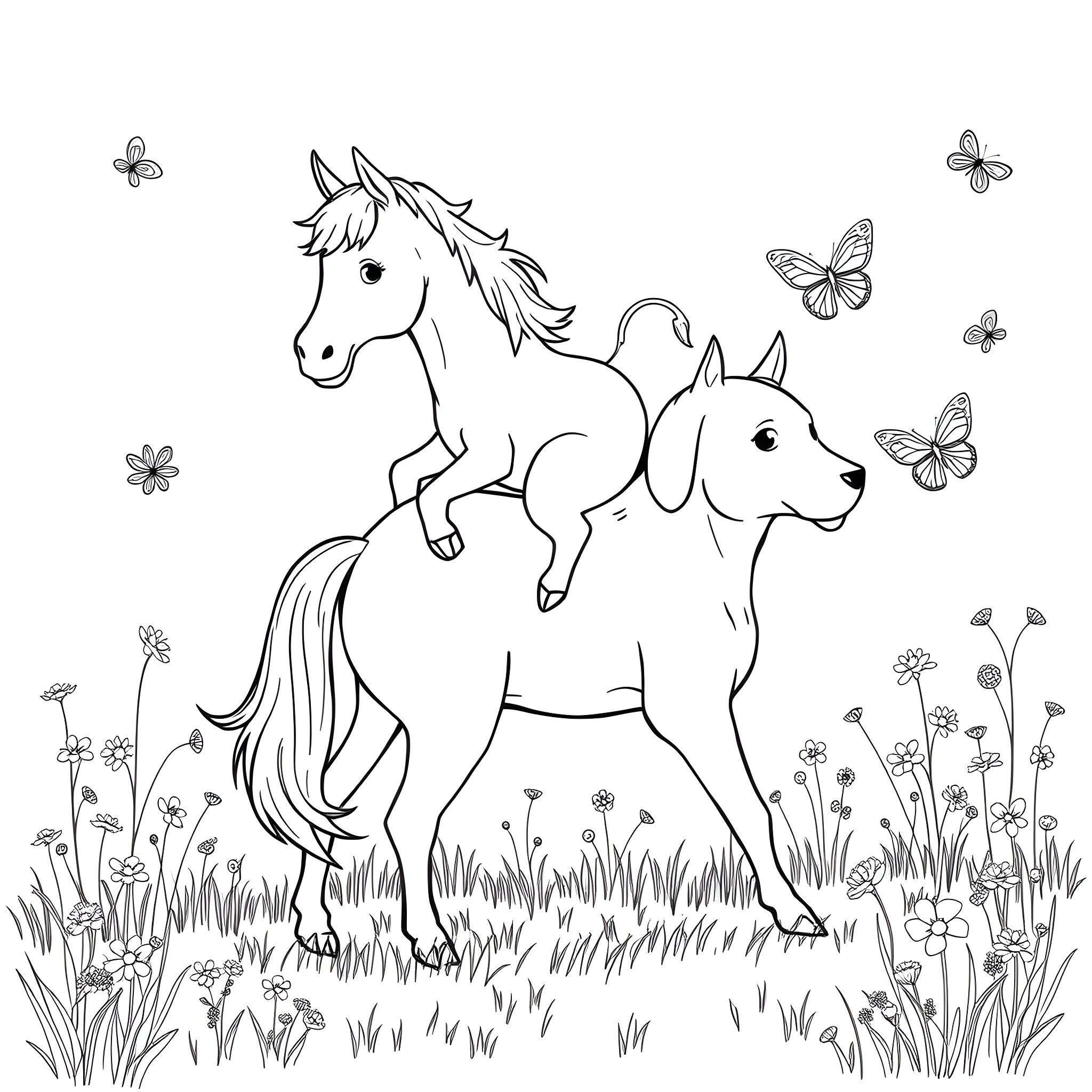 Horse and dog in a meadow with butterflies Coloring Page (free black-and-white line drawing printable PDF for all, from beginners to advanced learners, including children, teens, adults, and seniors)
