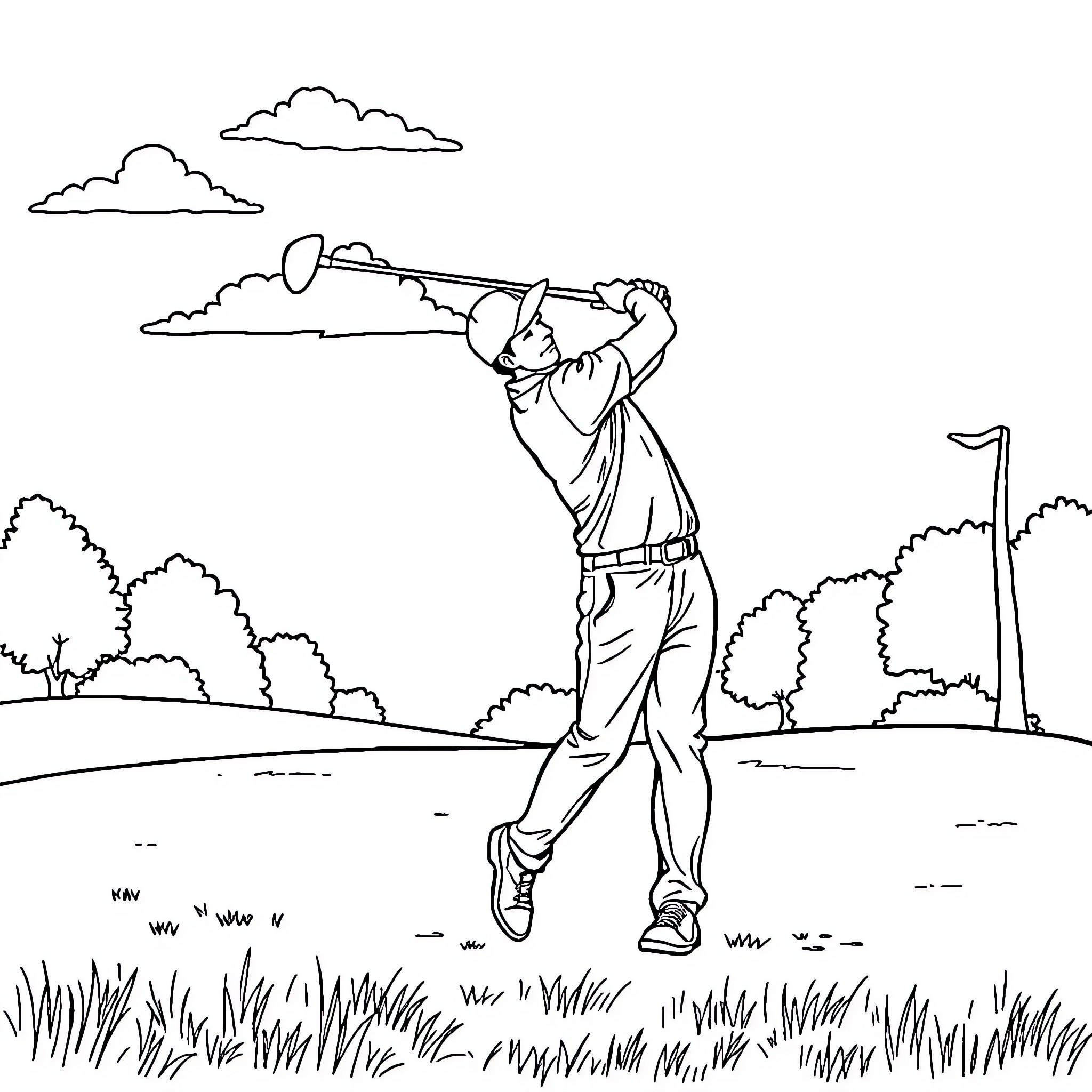 Man golfing on a scenic course Coloring Page (free black-and-white line drawing printable PDF for all, from beginners to advanced learners, including children, teens, adults, and seniors)