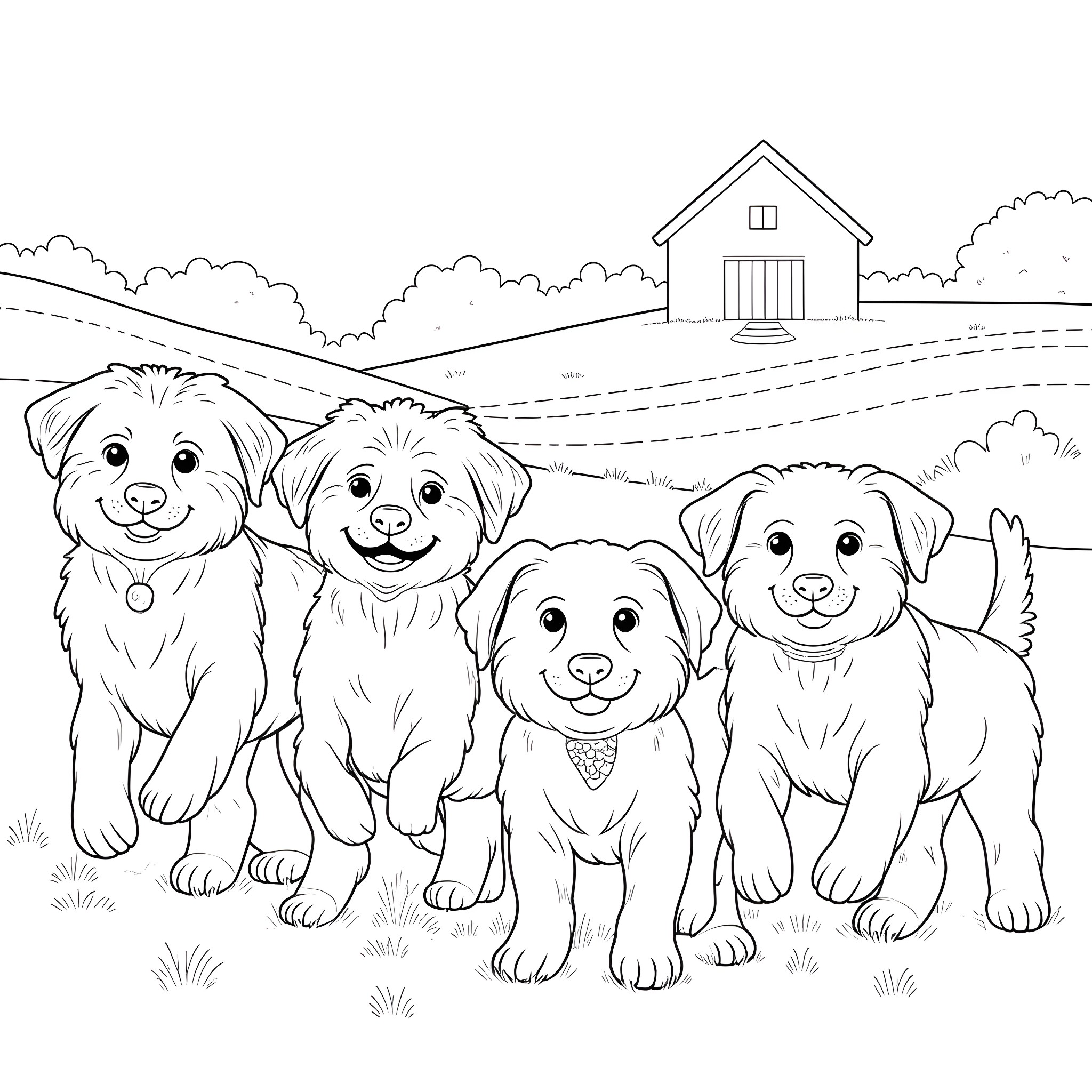 Puppies playing together in the countryside Coloring Page (free black-and-white line drawing printable PDF for all, from beginners to advanced learners, including children, teens, adults, and seniors)