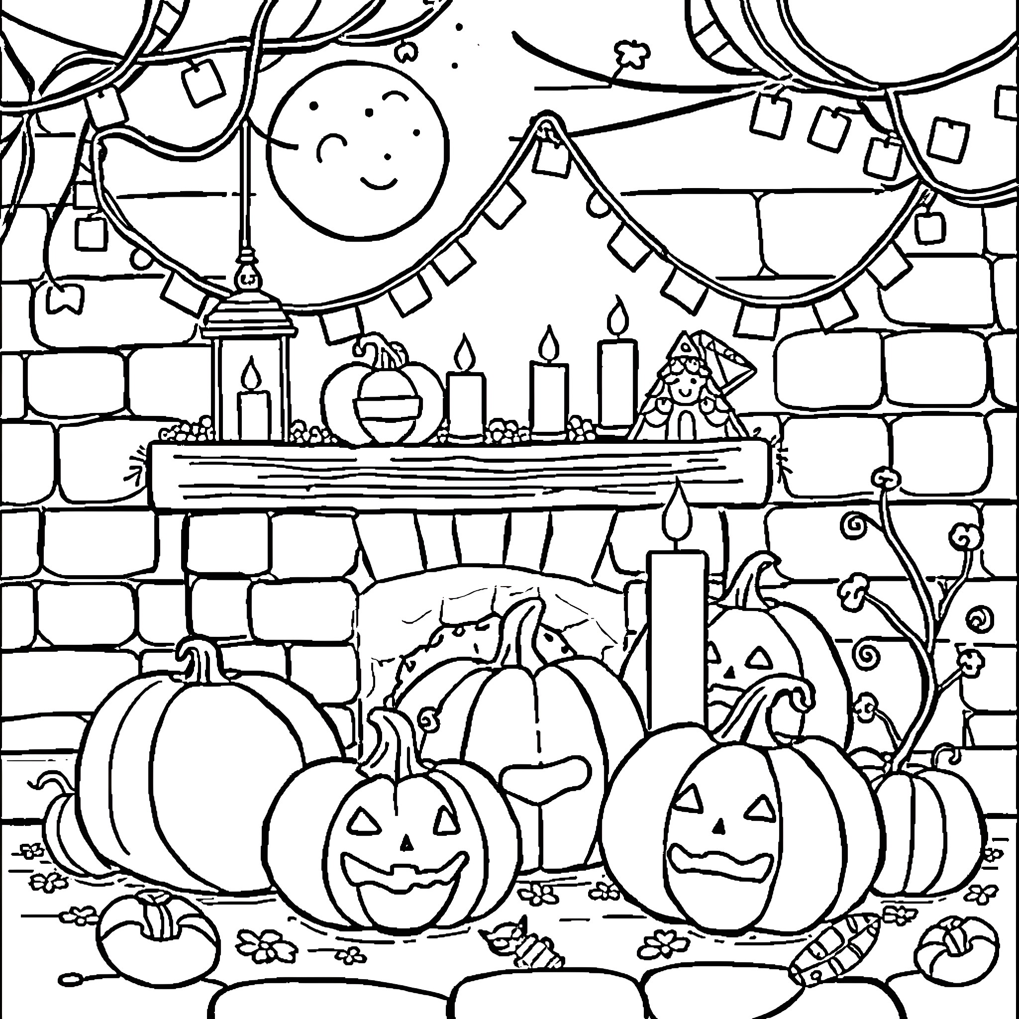 Halloween scene with festive decorations and pumpkins Coloring Page (free black-and-white line drawing printable PDF for all, from beginners to advanced learners, including children, teens, adults, and seniors)