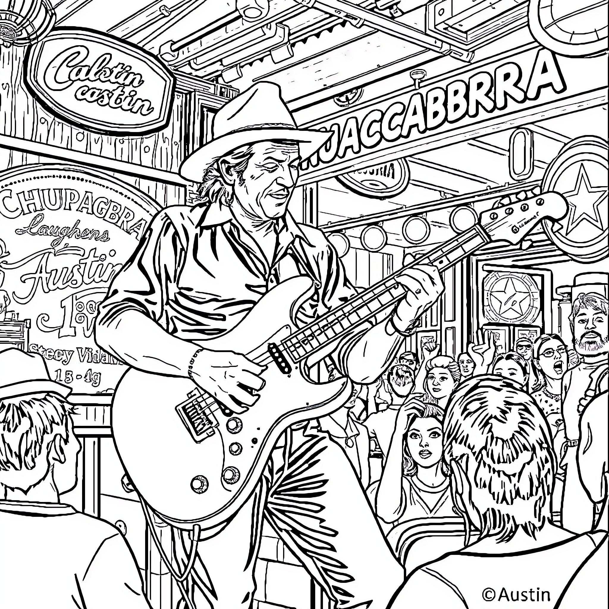 Stevie Ray Vaughan performing on stage with guitar and crowd Coloring Page (free black-and-white line drawing printable PDF for all, from beginners to advanced learners, including children, teens, adults, and seniors)