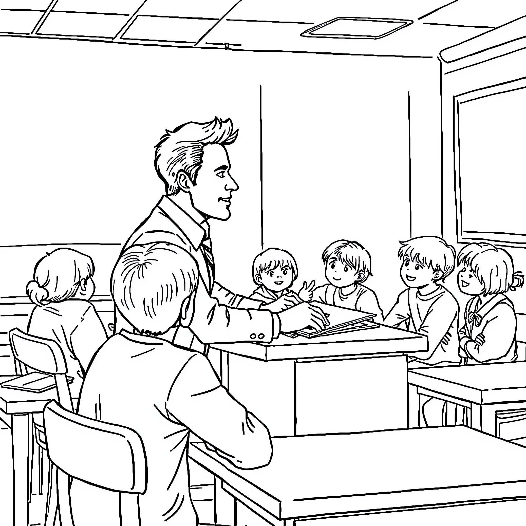 Professor Instructing Students in Classroom Coloring Page (free black-and-white line drawing printable PDF for all, from beginners to advanced learners, including children, teens, adults, and seniors)
