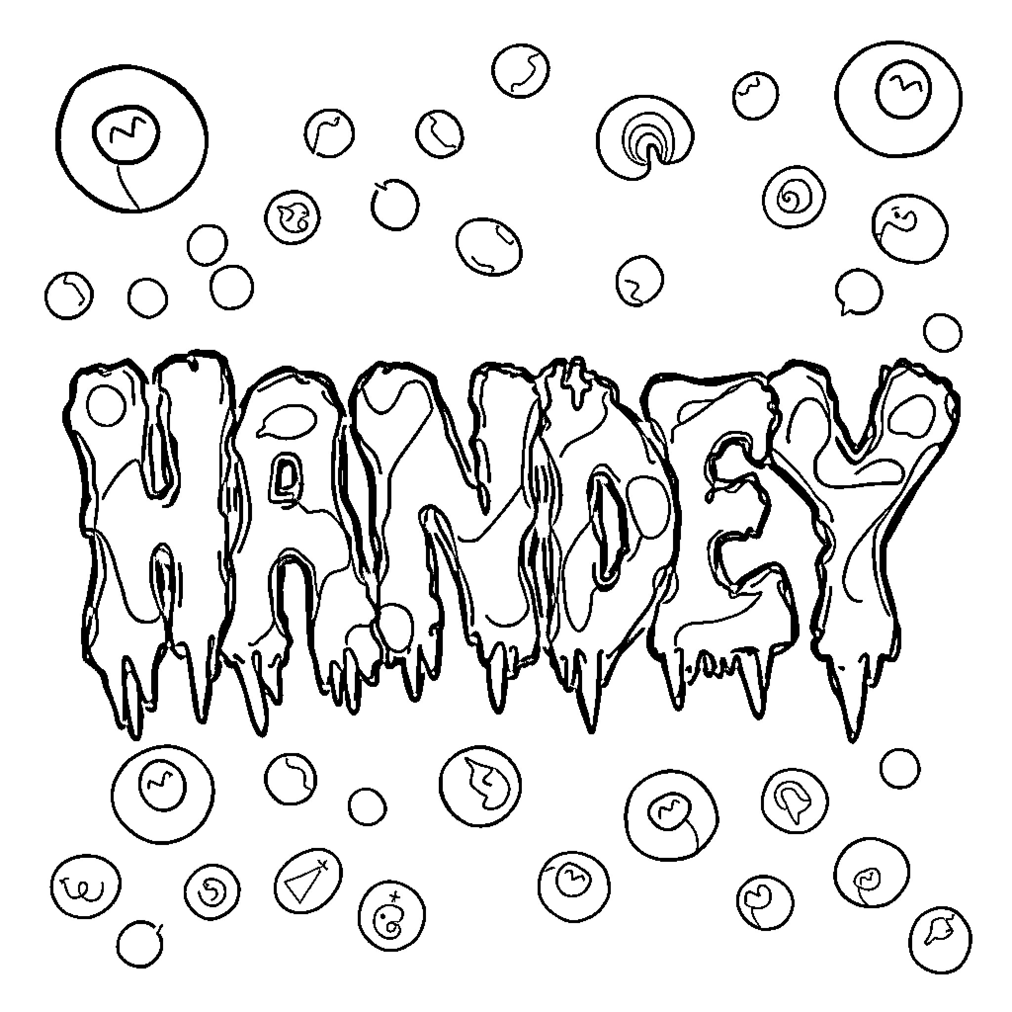 Candy dripping and bubbling in a whimsical scene Coloring Page (free black-and-white line drawing printable PDF for all, from beginners to advanced learners, including children, teens, adults, and seniors)