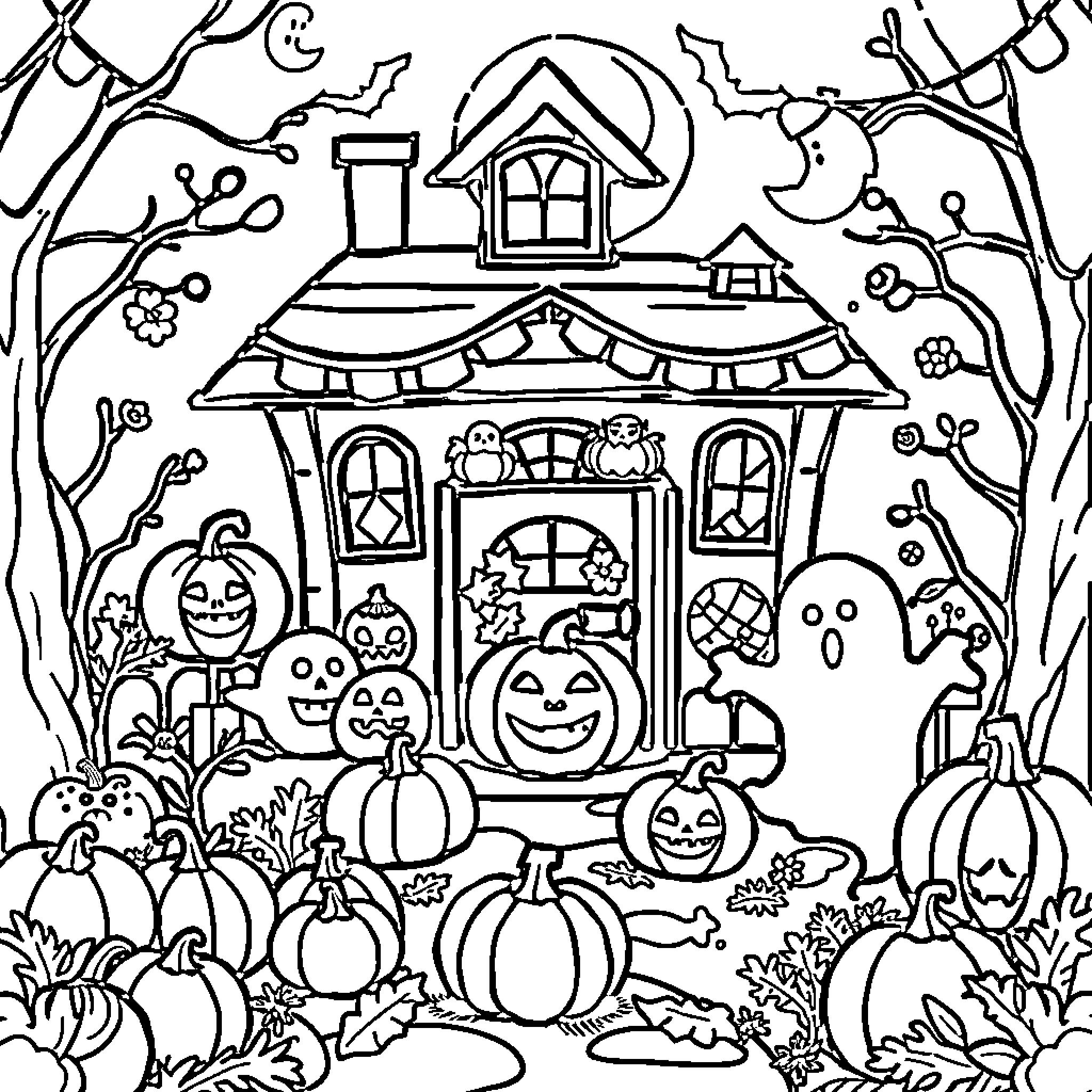 Halloween Haunted House with Pumpkins and Ghosts Coloring Page (free black-and-white line drawing printable PDF for all, from beginners to advanced learners, including children, teens, adults, and seniors)