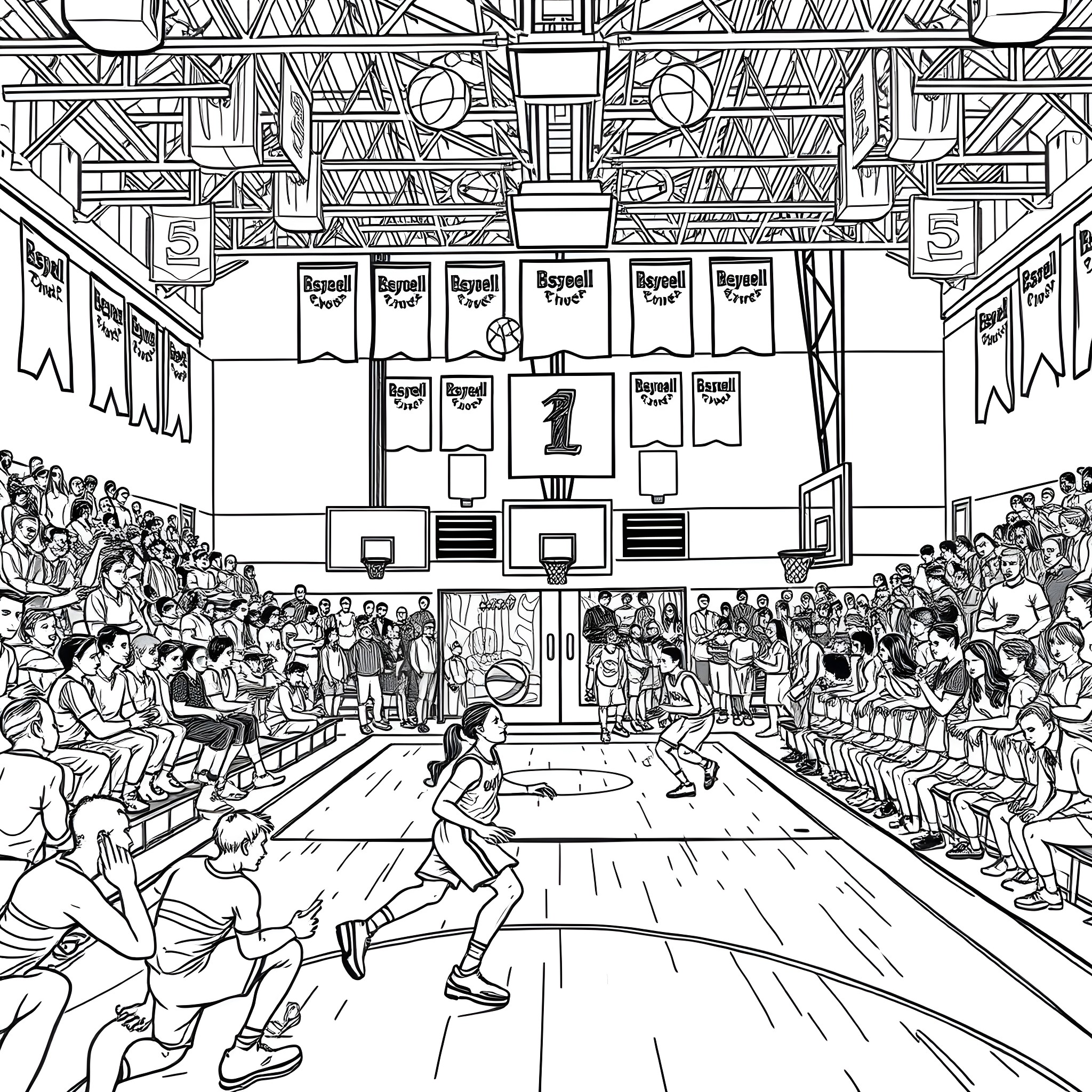 Basketball players competing in an indoor court Coloring Page (free black-and-white line drawing printable PDF for all, from beginners to advanced learners, including children, teens, adults, and seniors)