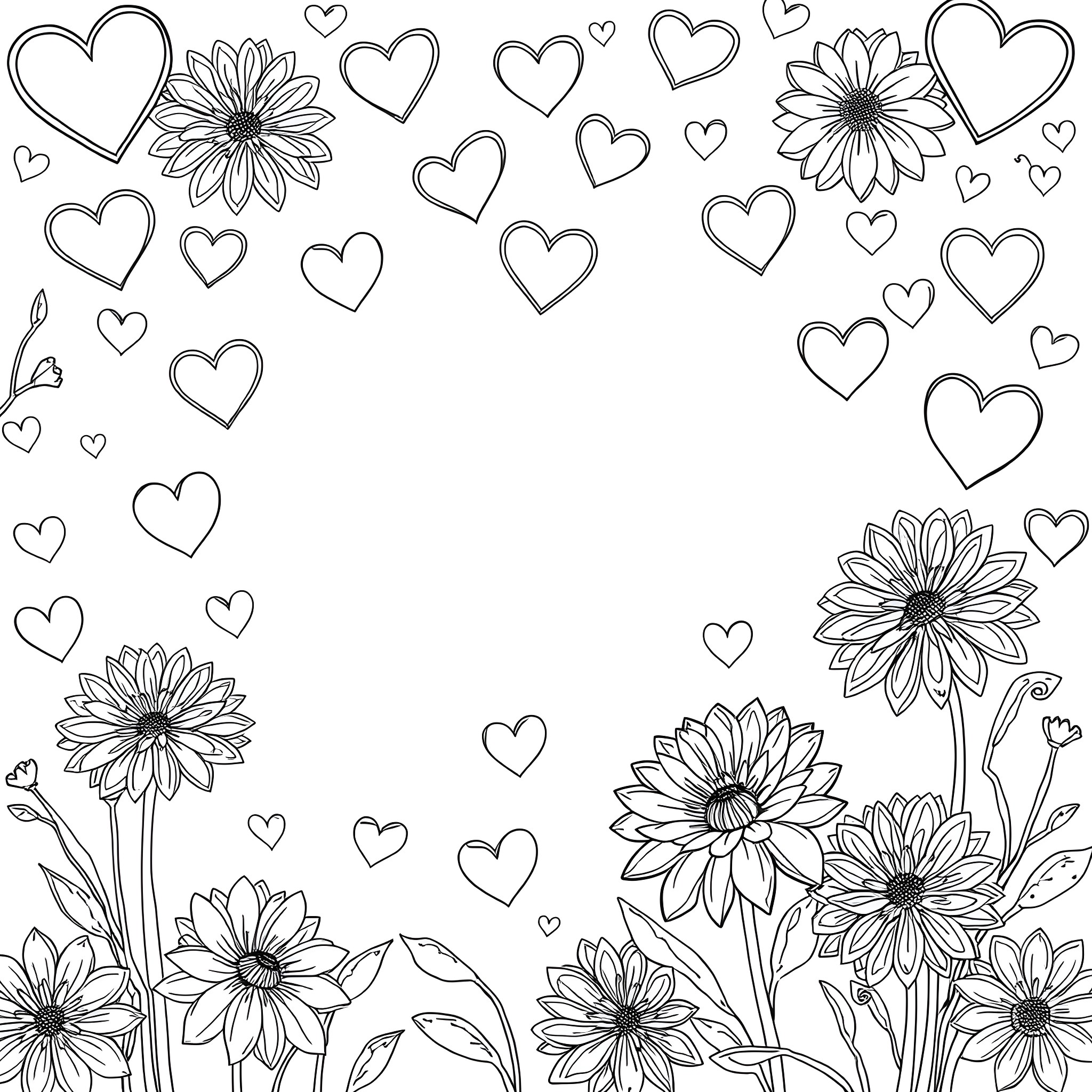 Heart-Shaped Flowers and Cheerful Expressions Coloring Page (free black-and-white line drawing printable PDF for all, from beginners to advanced learners, including children, teens, adults, and seniors)