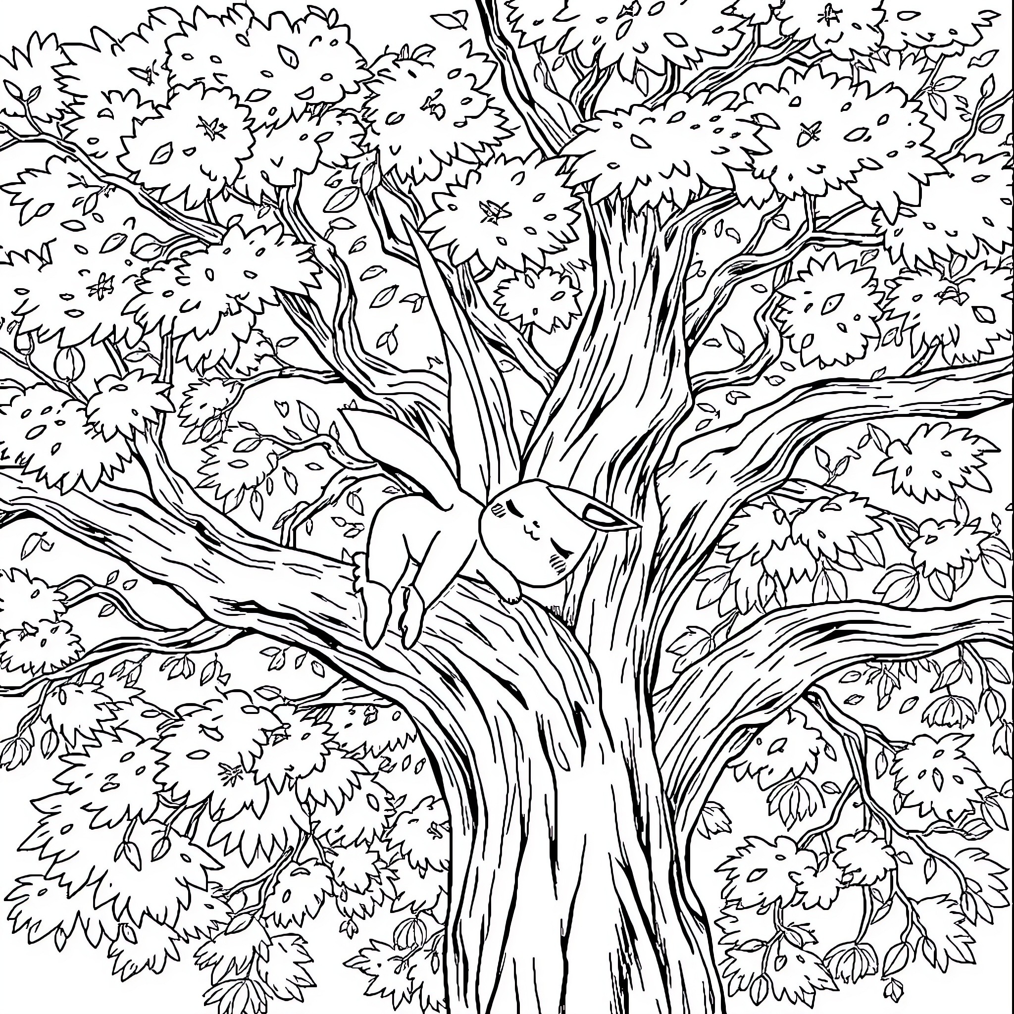 Allan's Tranquil Tree Sanctuary Coloring Page (free black-and-white line drawing printable PDF for all, from beginners to advanced learners, including children, teens, adults, and seniors)