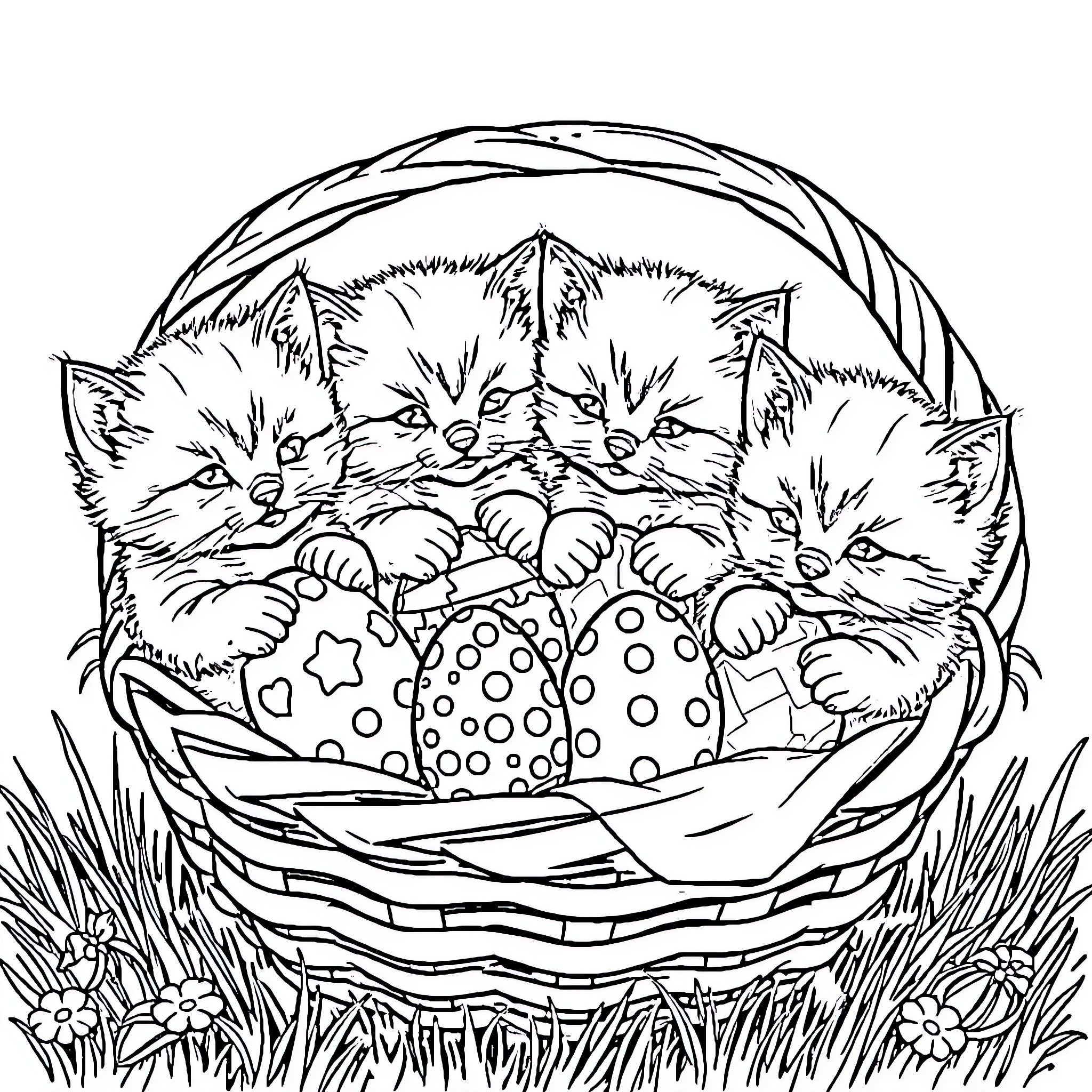 Kittens playing in a woven basket Coloring Page (free black-and-white line drawing printable PDF for all, from beginners to advanced learners, including children, teens, adults, and seniors)