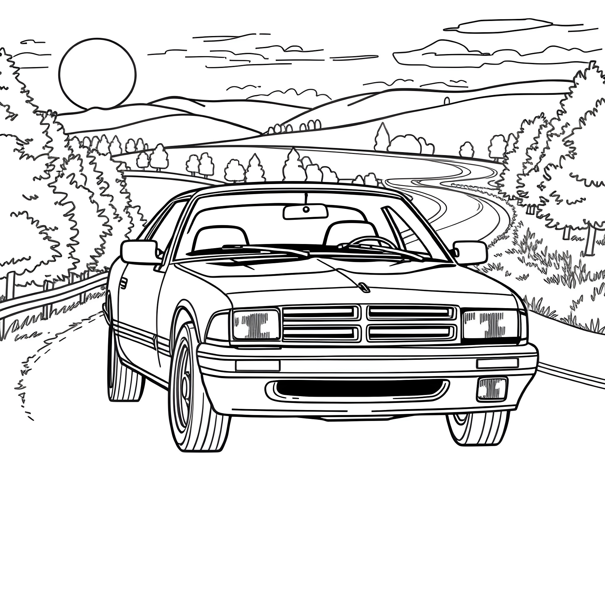 Dodge driving through scenic countryside Coloring Page (free black-and-white line drawing printable PDF for all, from beginners to advanced learners, including children, teens, adults, and seniors)
