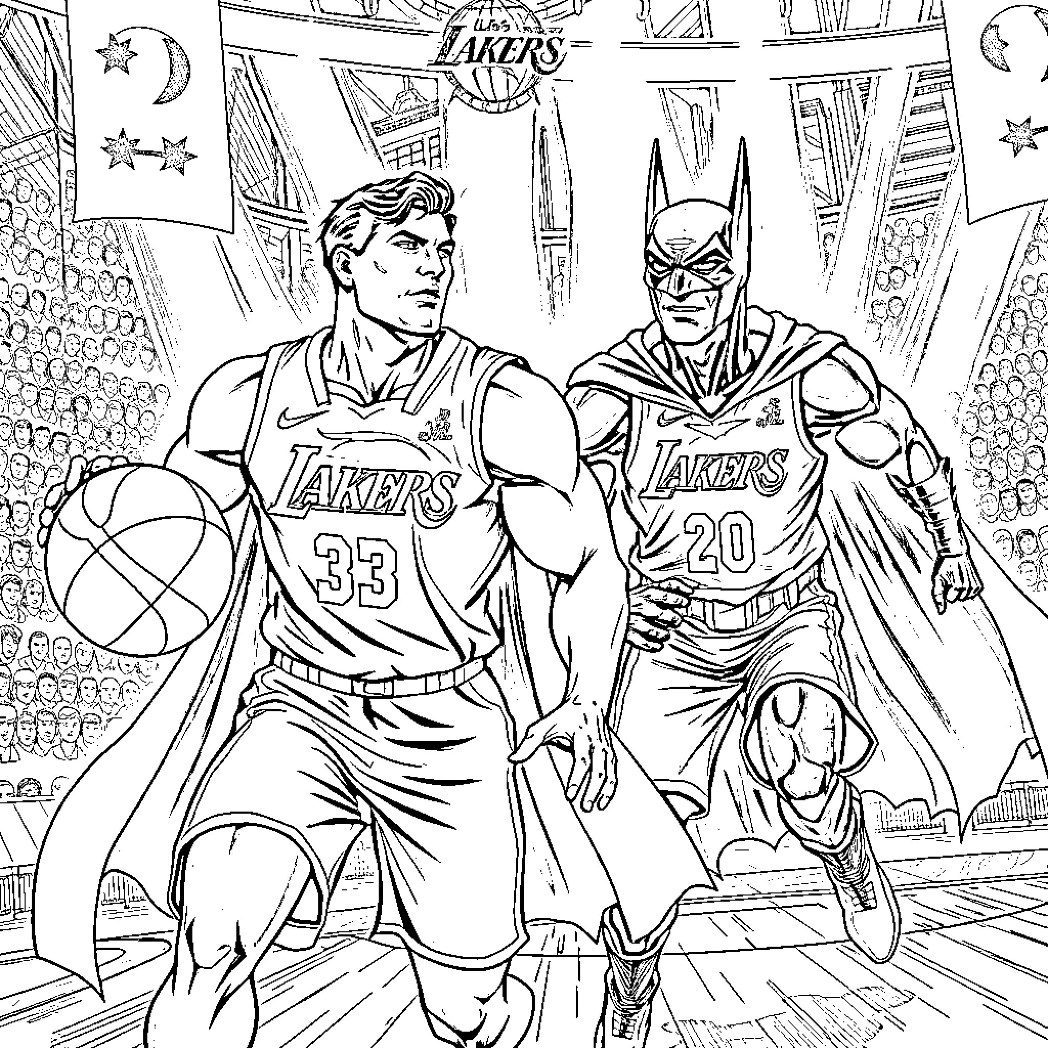 Superhero Basketball Players in Action Coloring Page (free black-and-white line drawing printable PDF for all, from beginners to advanced learners, including children, teens, adults, and seniors)