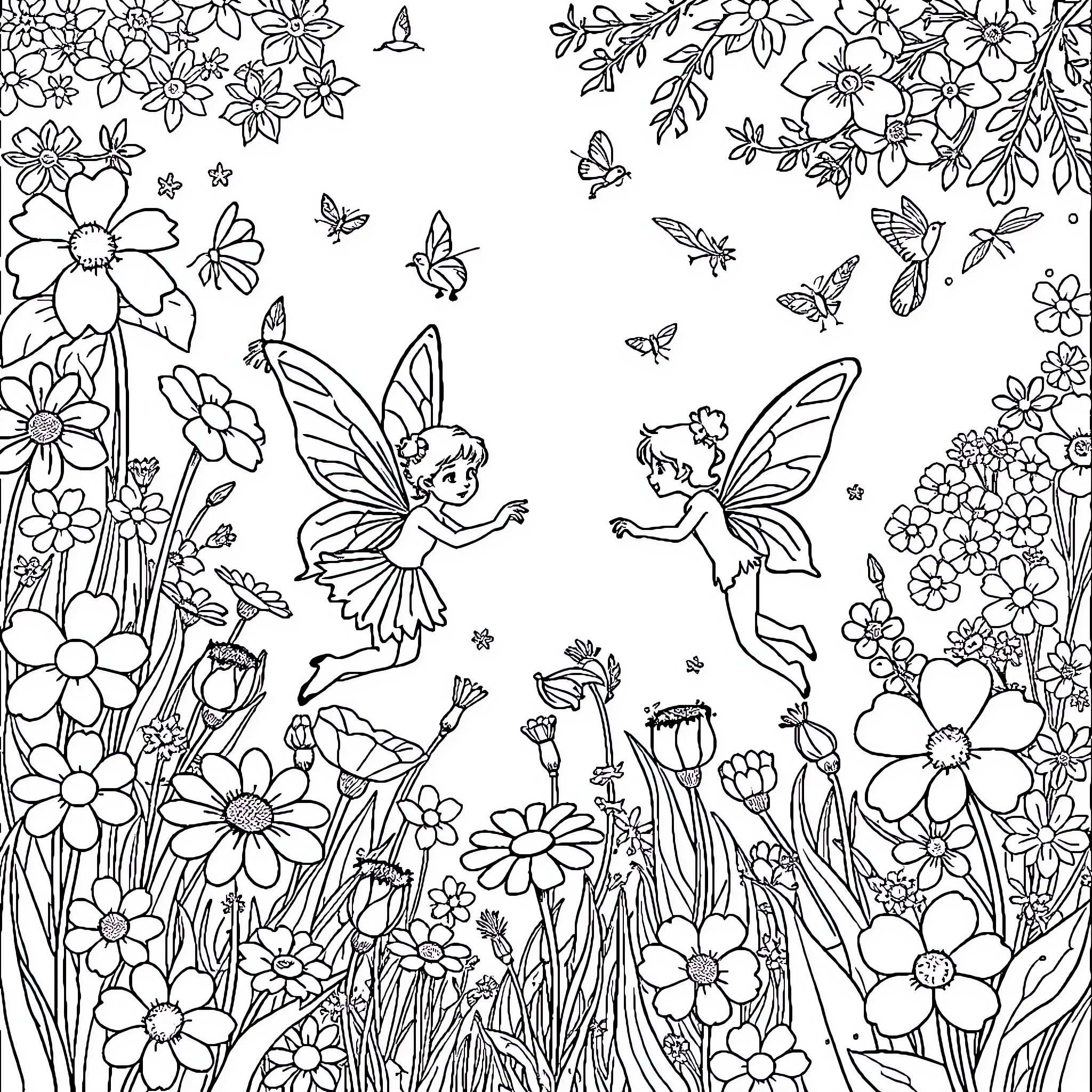 Fairy Companions Frolicking Amidst Blooming Flowers Coloring Page (free black-and-white line drawing printable PDF for all, from beginners to advanced learners, including children, teens, adults, and seniors)