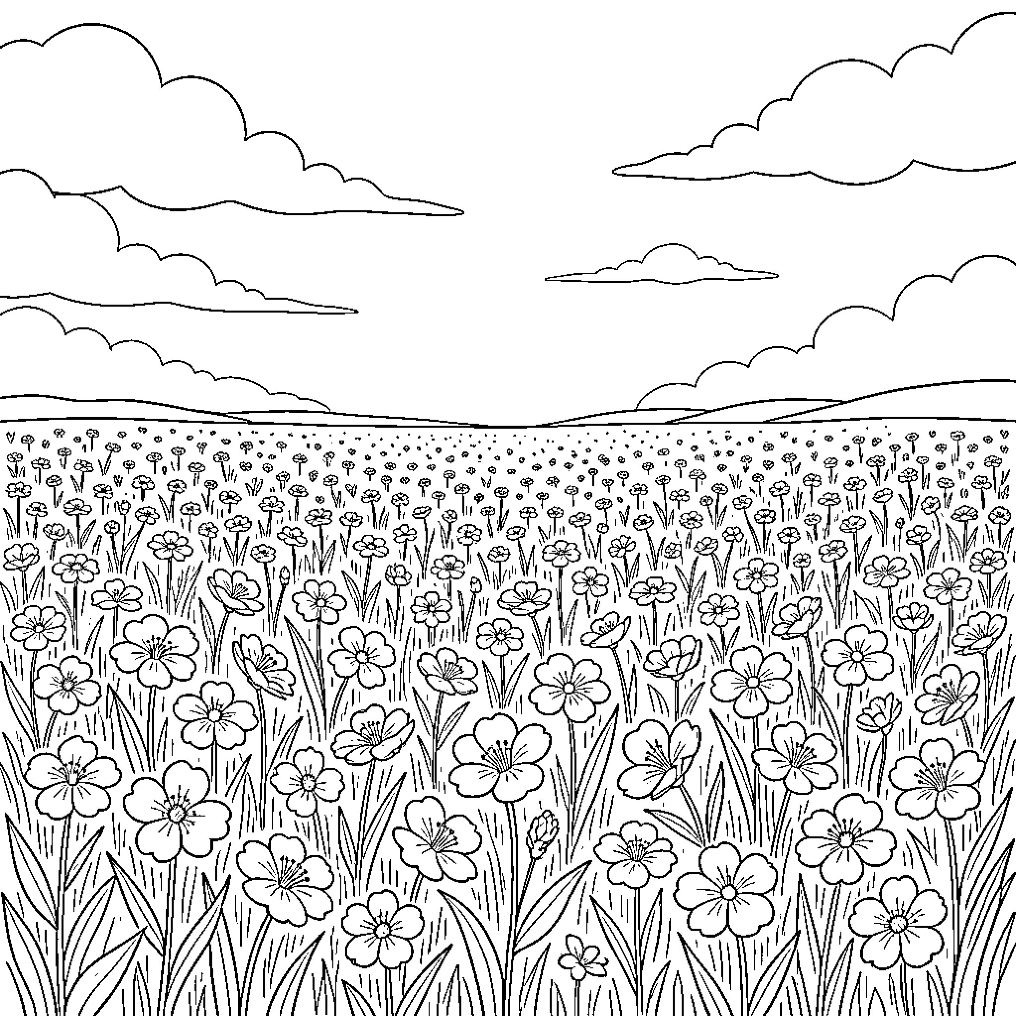 Flower field blooming under a cloudy sky Coloring Page (free black-and-white line drawing printable PDF for all, from beginners to advanced learners, including children, teens, adults, and seniors)