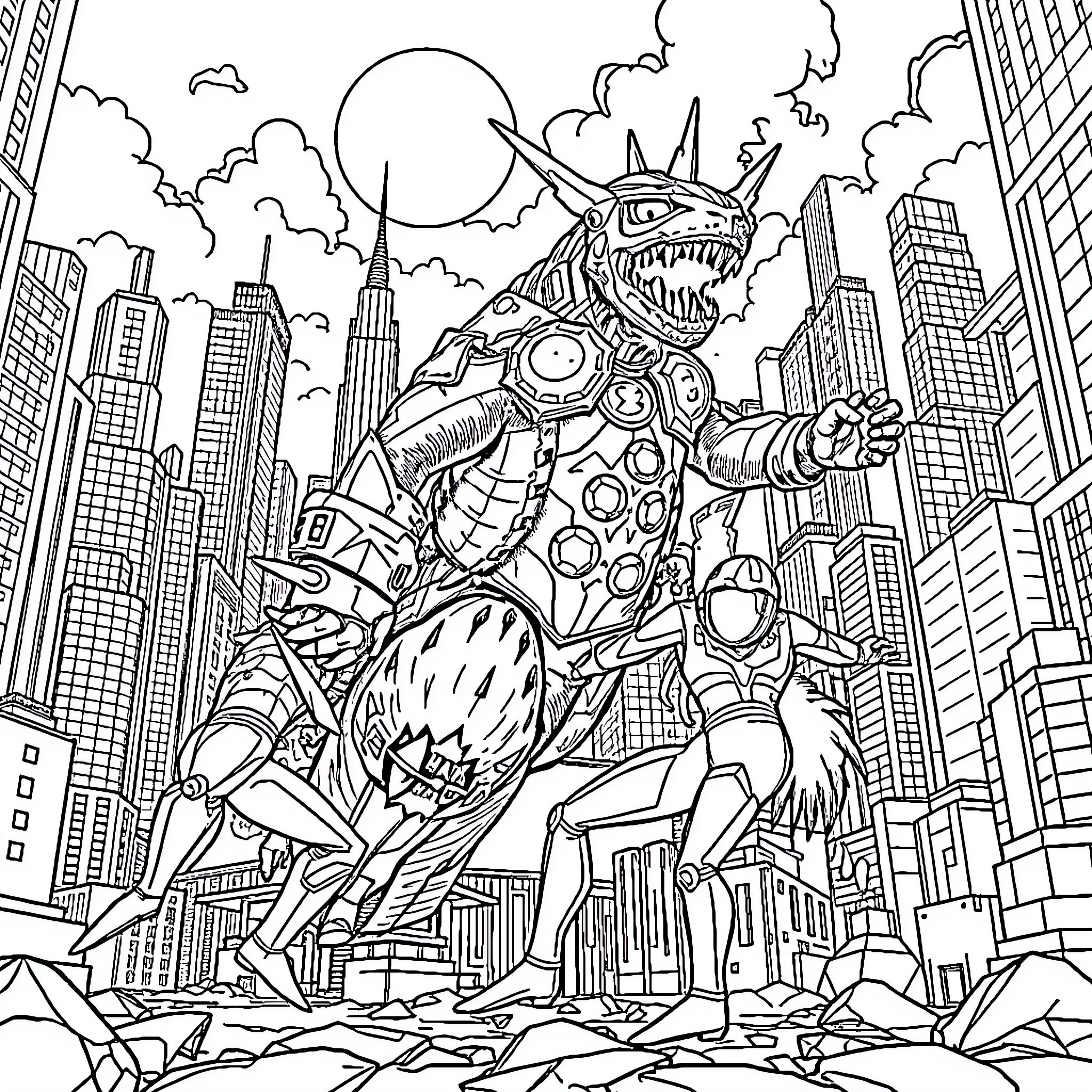 Ultramen Battling Massive Monster in Cityscape Coloring Page (free black-and-white line drawing printable PDF for all, from beginners to advanced learners, including children, teens, adults, and seniors)