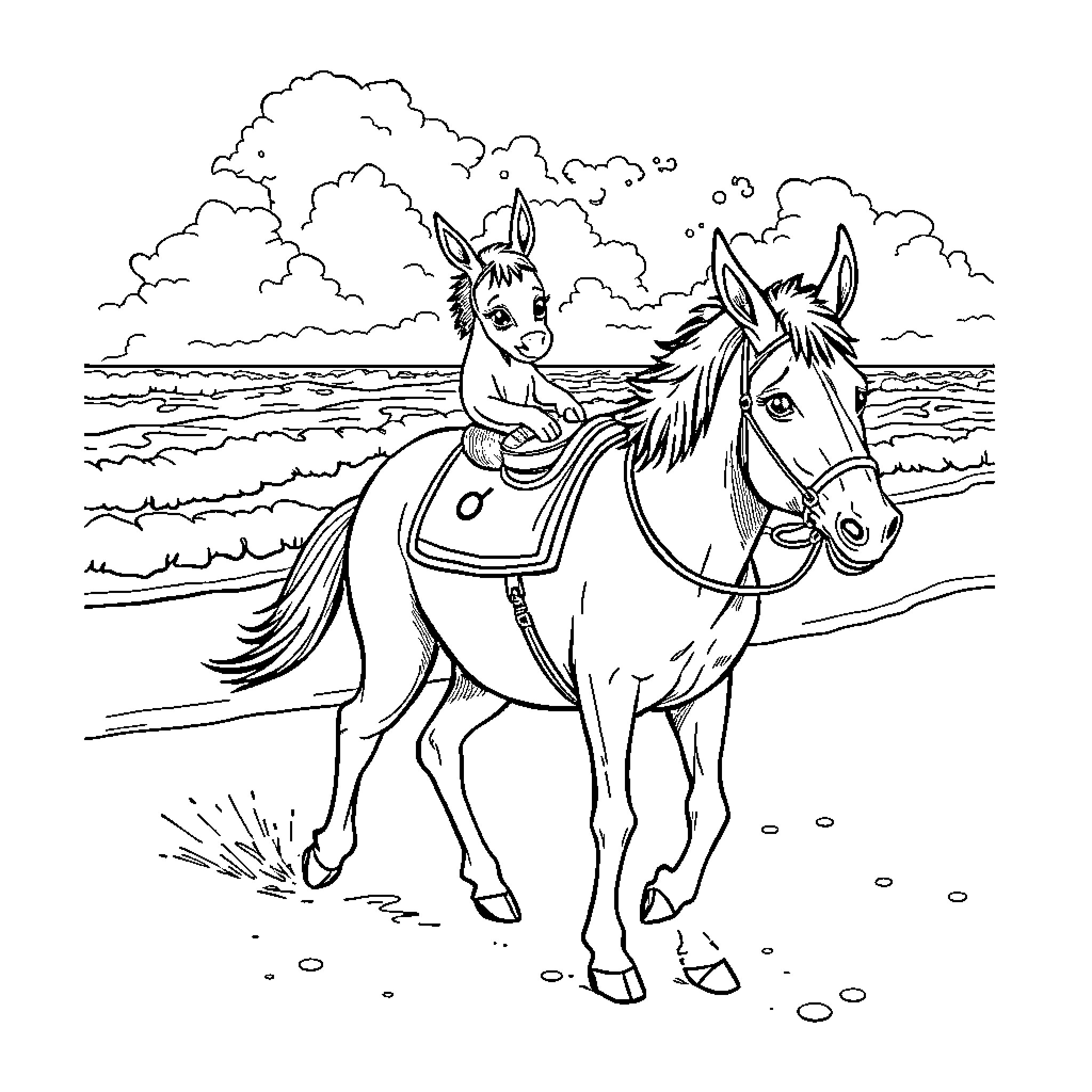 Donkey riding a horse on the beach Coloring Page (free black-and-white line drawing printable PDF for all, from beginners to advanced learners, including children, teens, adults, and seniors)
