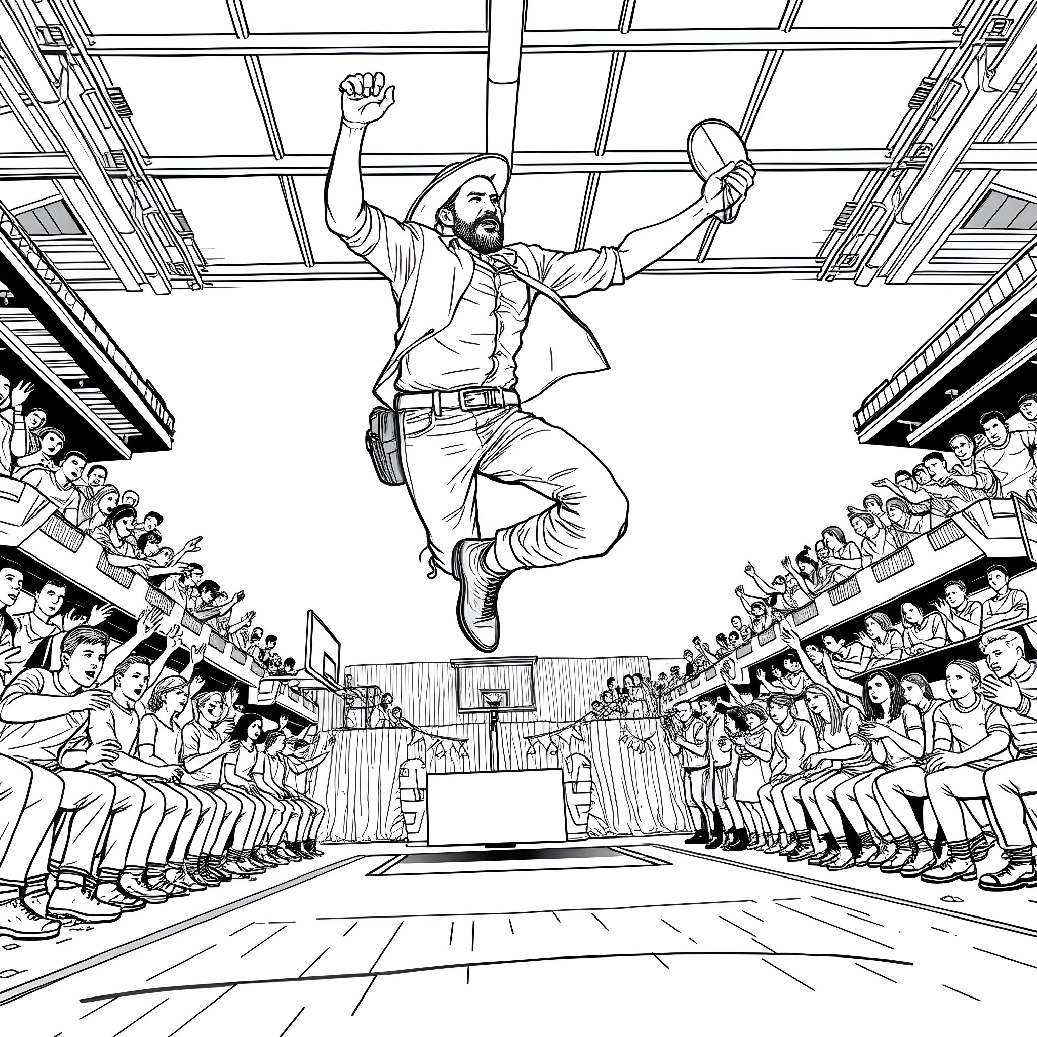 Rick Grimes Triumphantly Leaps into Action on Basketball Court Coloring Page (free black-and-white line drawing printable PDF for all, from beginners to advanced learners, including children, teens, adults, and seniors)