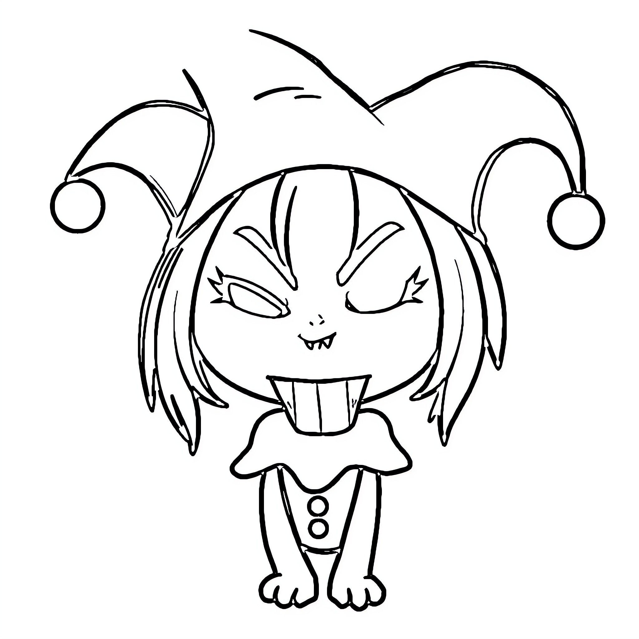 Kuromi smiling mischievously with jester-like outfit Coloring Page (free black-and-white line drawing printable PDF for all, from beginners to advanced learners, including children, teens, adults, and seniors)