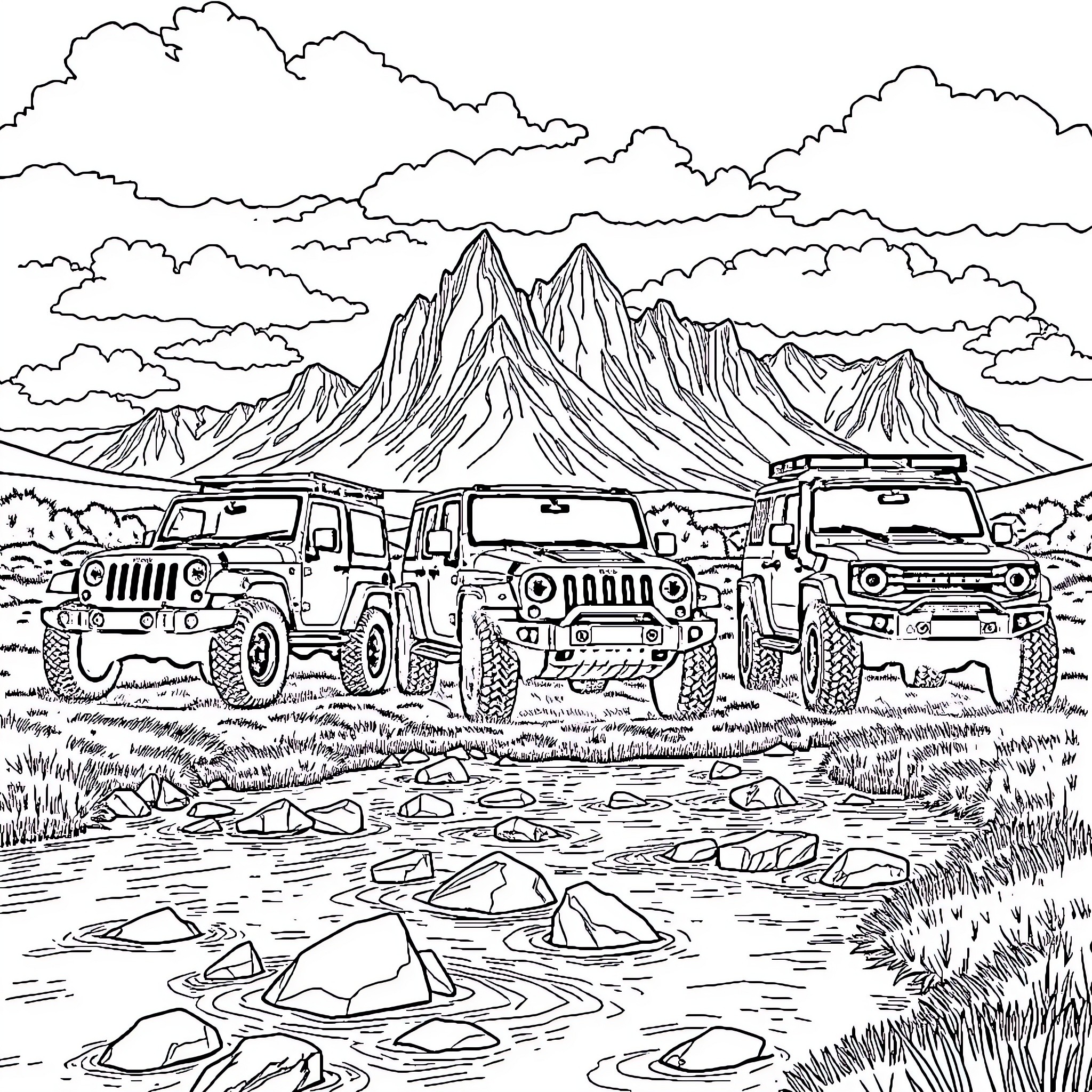 Off-Road Vehicles Tackling Rugged Terrain Coloring Page (free black-and-white line drawing printable PDF for all, from beginners to advanced learners, including children, teens, adults, and seniors)