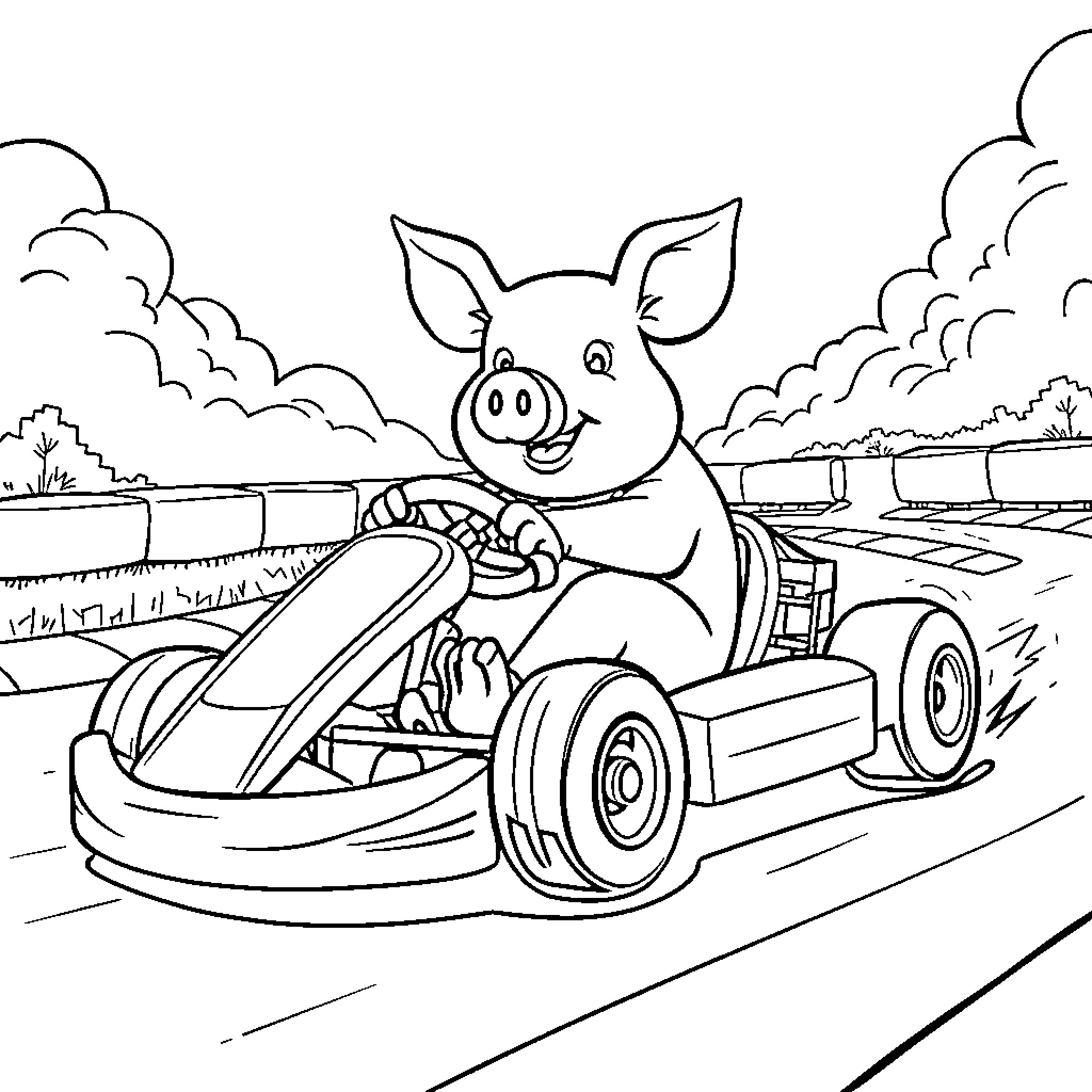 Pig racing in a go-kart on a track Coloring Page (free black-and-white line drawing printable PDF for all, from beginners to advanced learners, including children, teens, adults, and seniors)