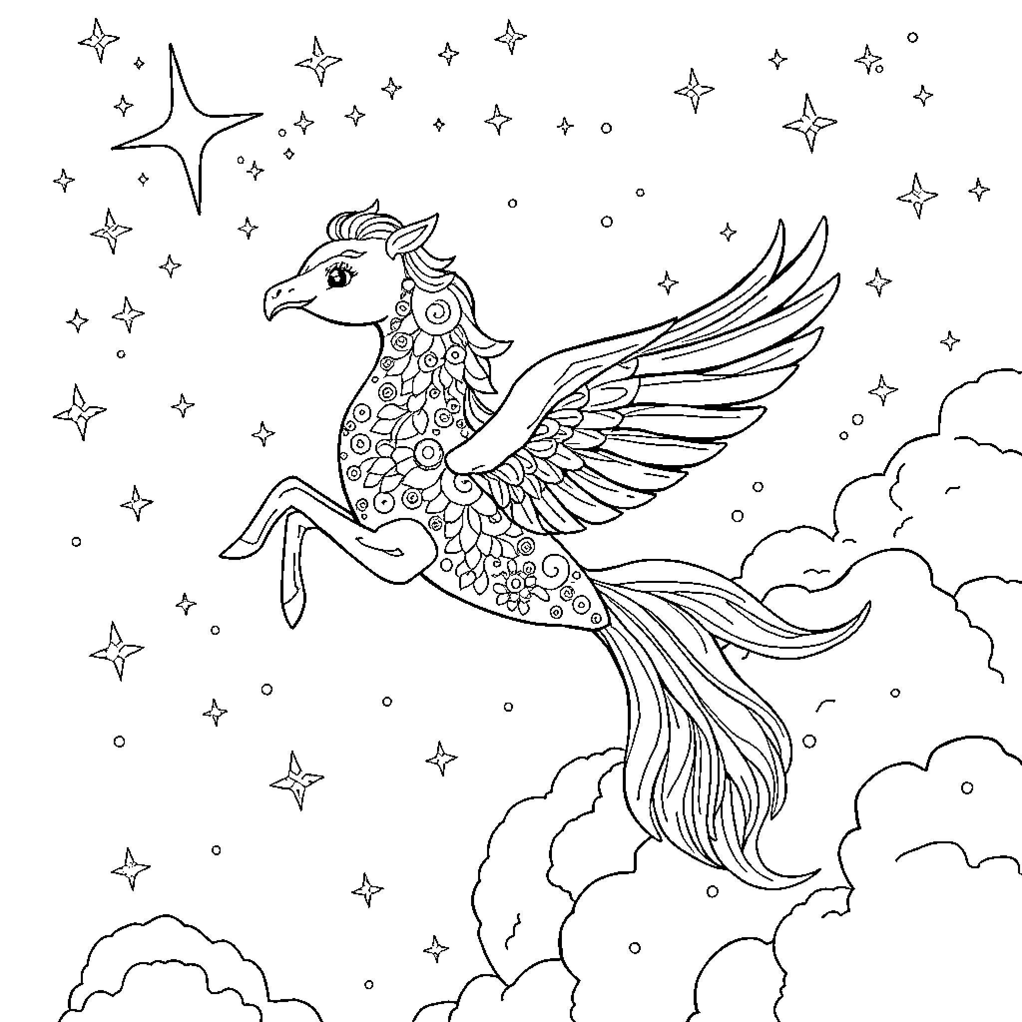 Unicorn soaring through magical night sky Coloring Page (free black-and-white line drawing printable PDF for all, from beginners to advanced learners, including children, teens, adults, and seniors)