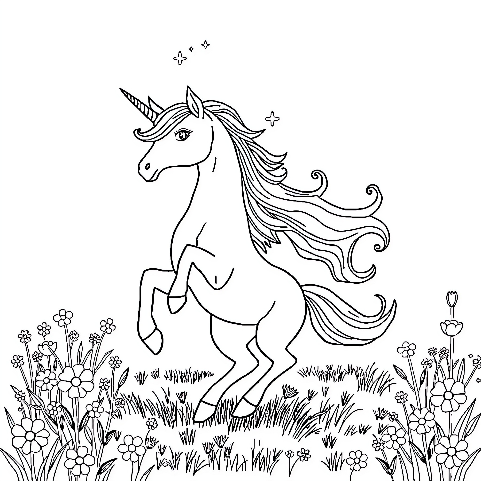Unicorn galloping through a magical meadow Coloring Page (free black-and-white line drawing printable PDF for all, from beginners to advanced learners, including children, teens, adults, and seniors)