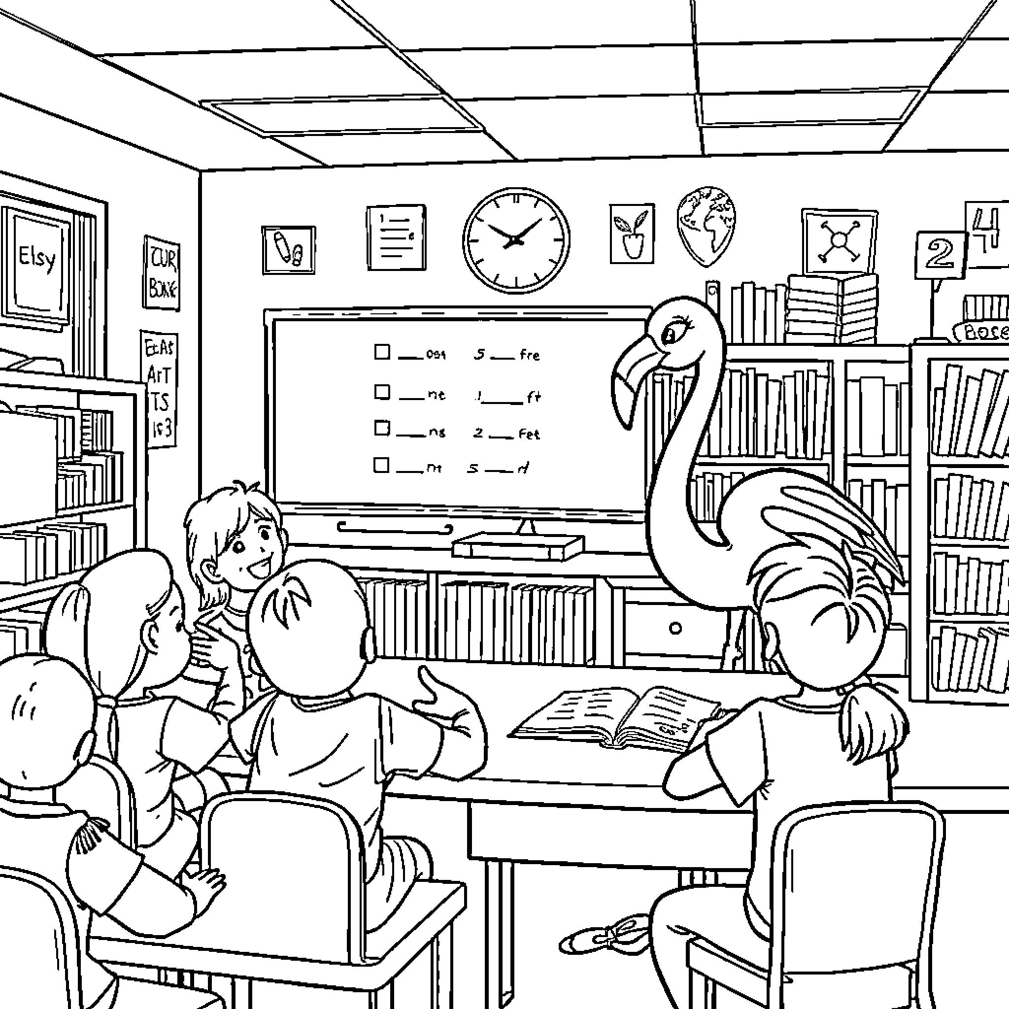 Flamingo teaching students in a classroom setting Coloring Page (free black-and-white line drawing printable PDF for all, from beginners to advanced learners, including children, teens, adults, and seniors)