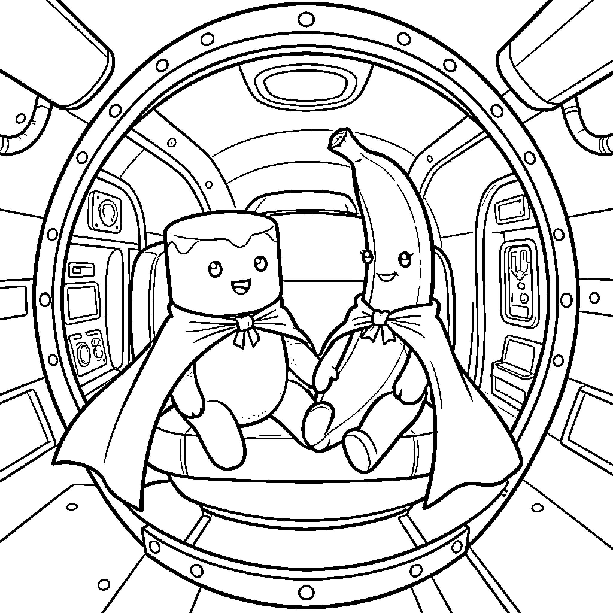 Marshmallow and banana wearing capes inside a spaceship Coloring Page (free black-and-white line drawing printable PDF for all, from beginners to advanced learners, including children, teens, adults, and seniors)