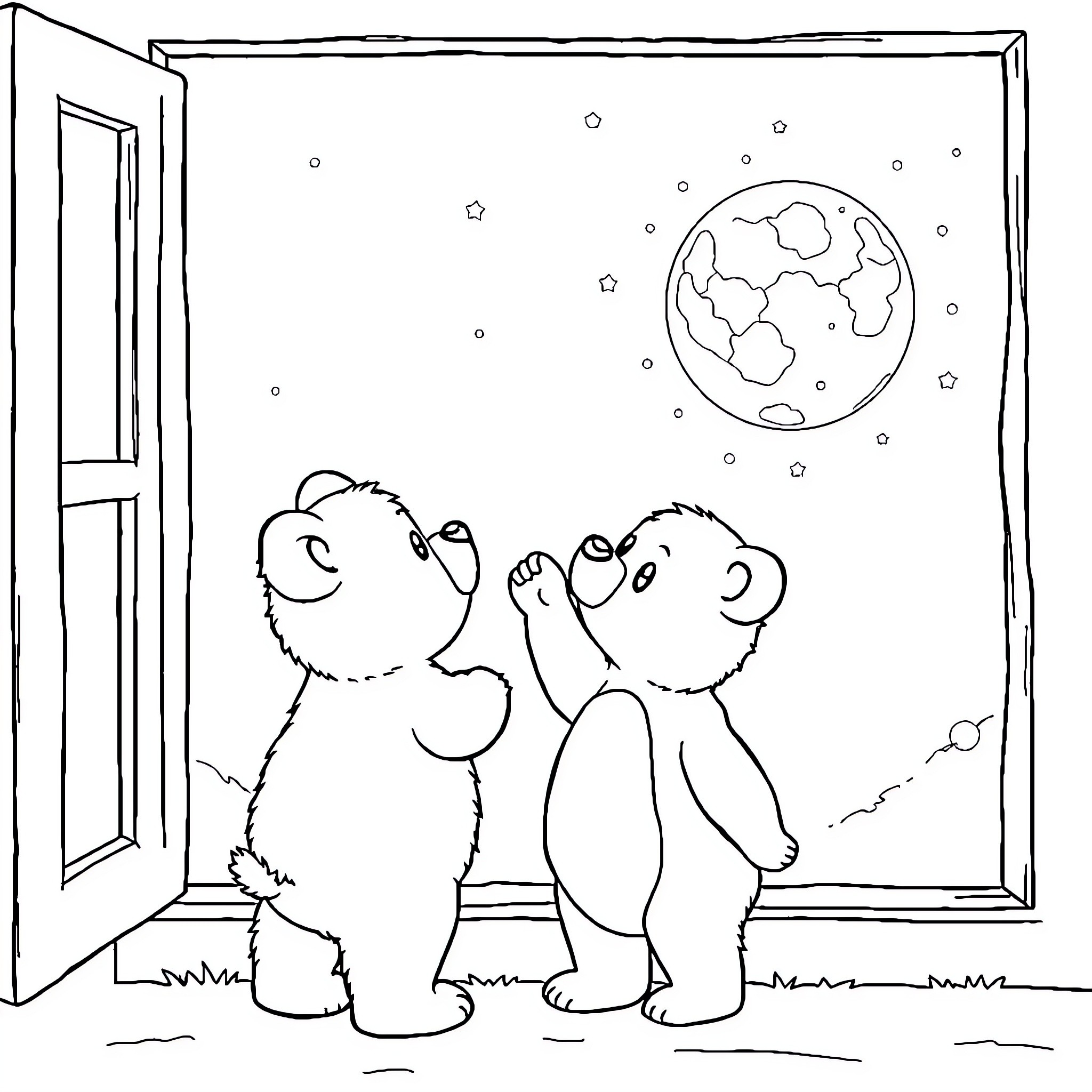 Cub Bears Gazing Curiously at the Night Sky Coloring Page (free black-and-white line drawing printable PDF for all, from beginners to advanced learners, including children, teens, adults, and seniors)
