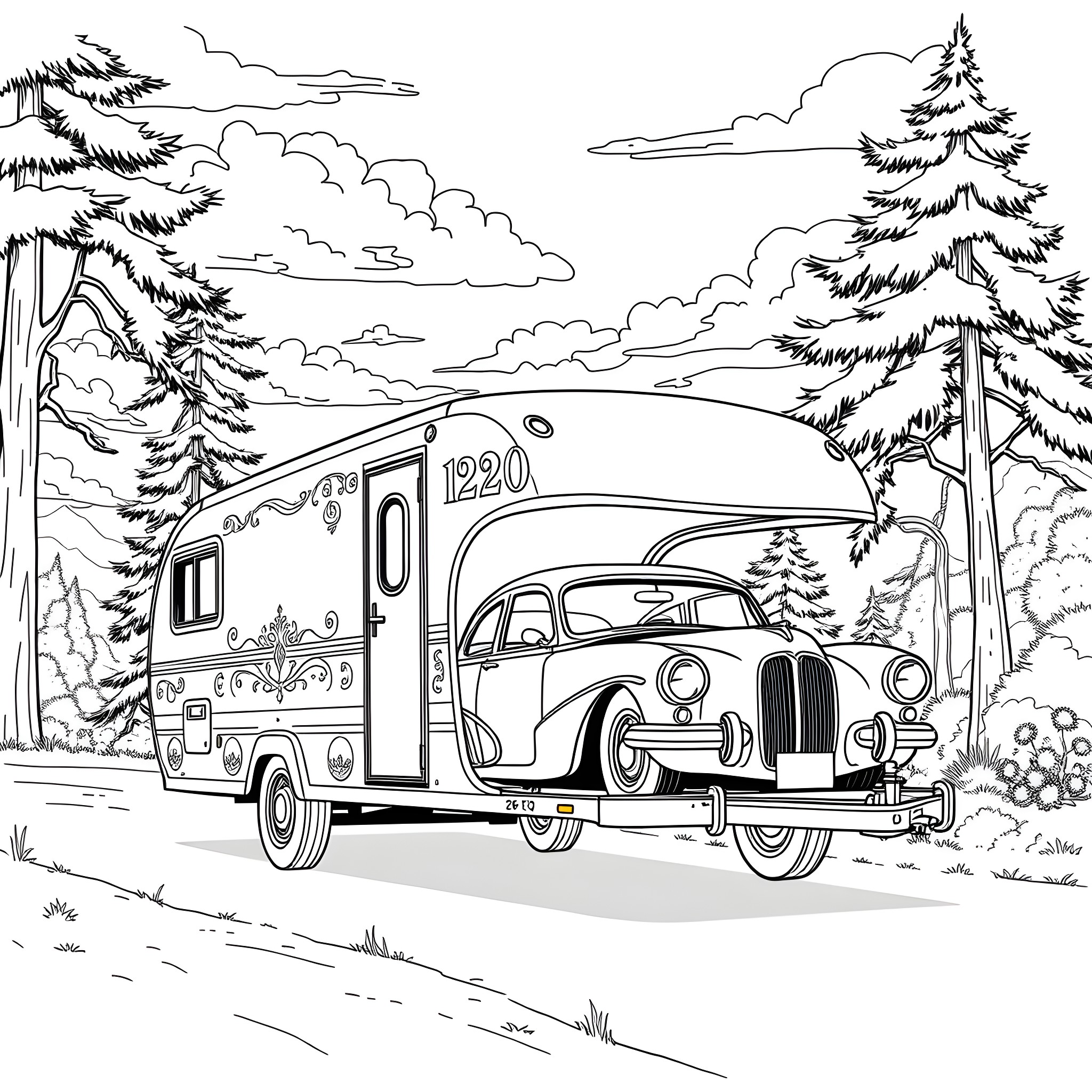 Car with vintage trailer in scenic forest landscape Coloring Page (free black-and-white line drawing printable PDF for all, from beginners to advanced learners, including children, teens, adults, and seniors)