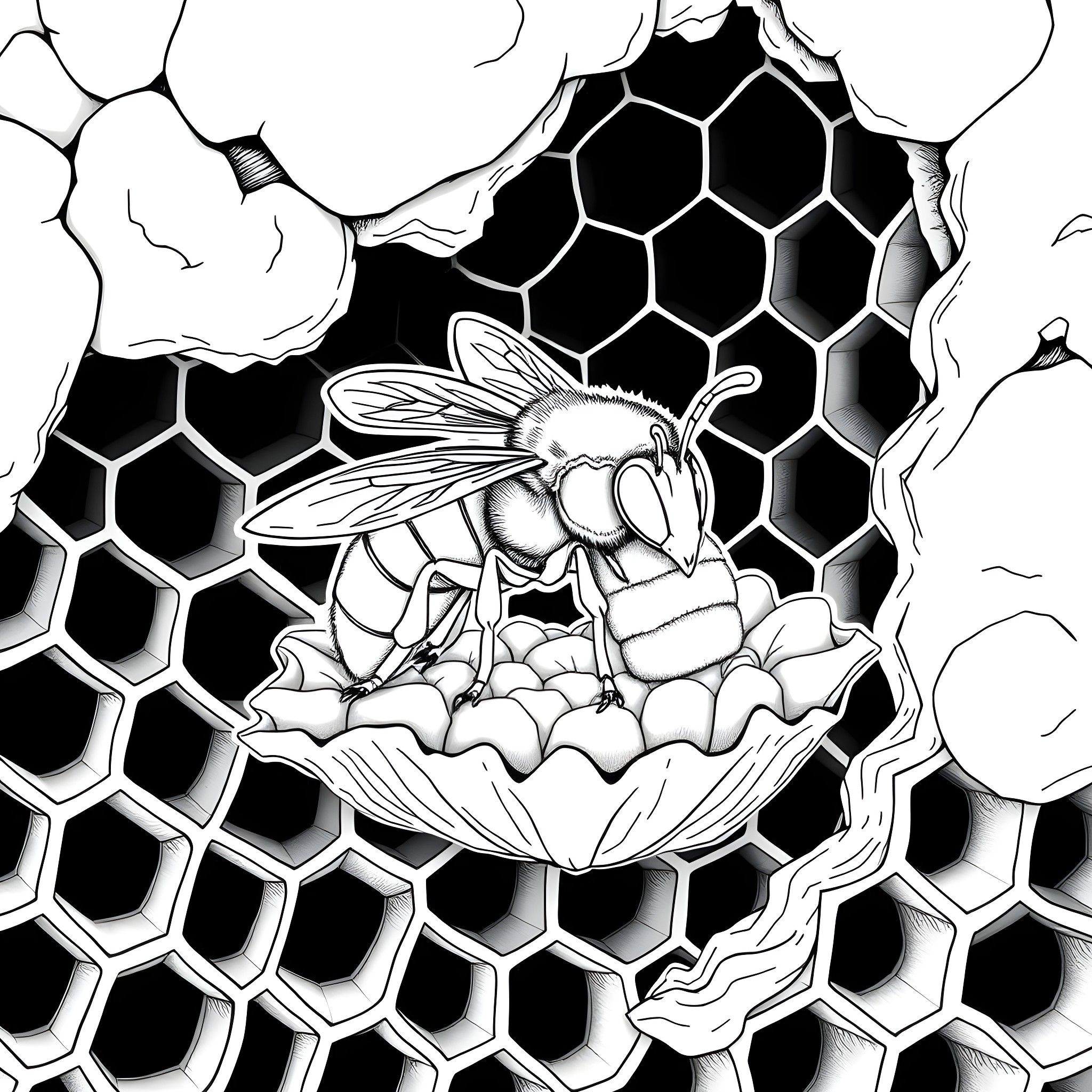 Wasp emerging from honeycombs Coloring Page (free black-and-white line drawing printable PDF for all, from beginners to advanced learners, including children, teens, adults, and seniors)