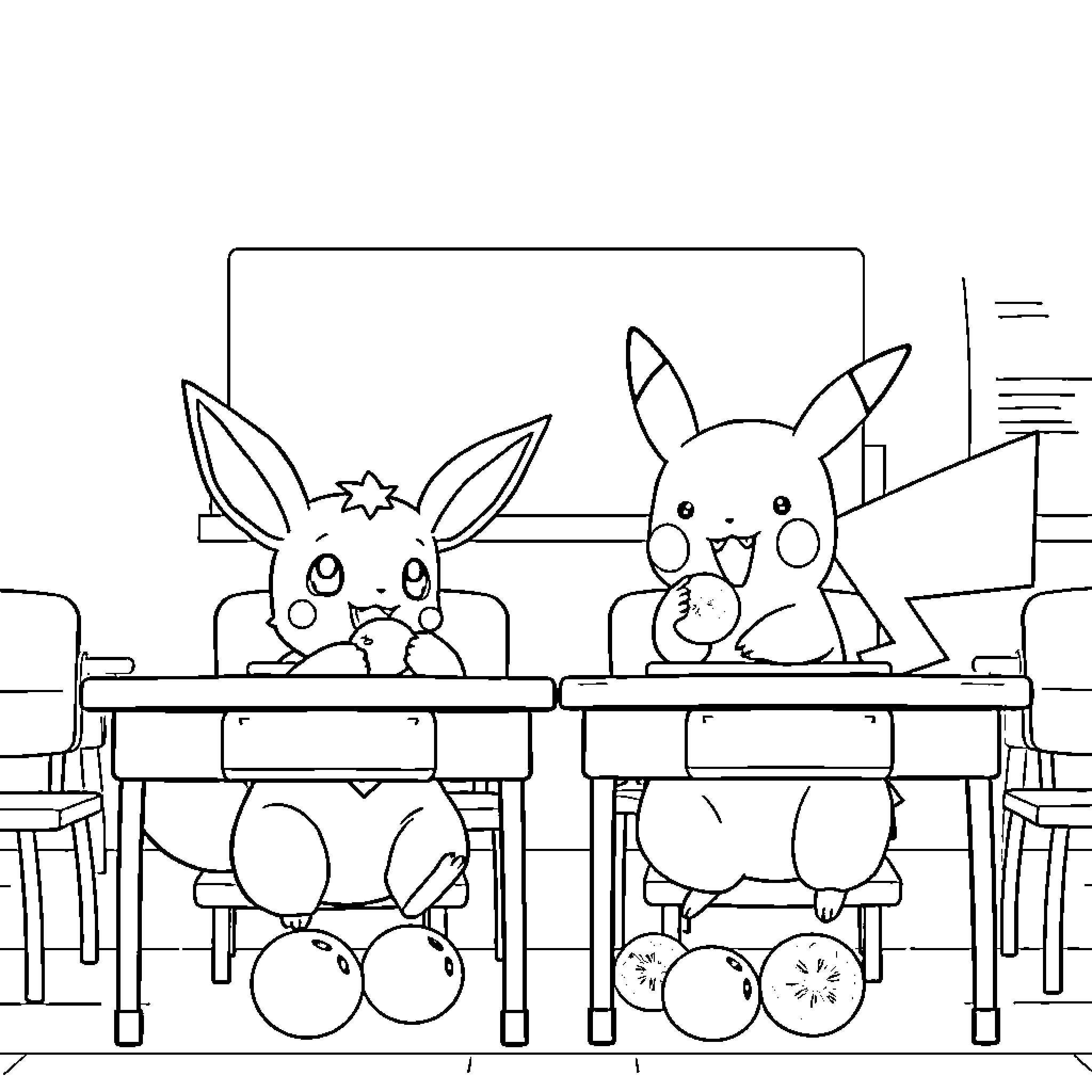 Eevee and Pikachu at school desks Coloring Page (free black-and-white line drawing printable PDF for all, from beginners to advanced learners, including children, teens, adults, and seniors)