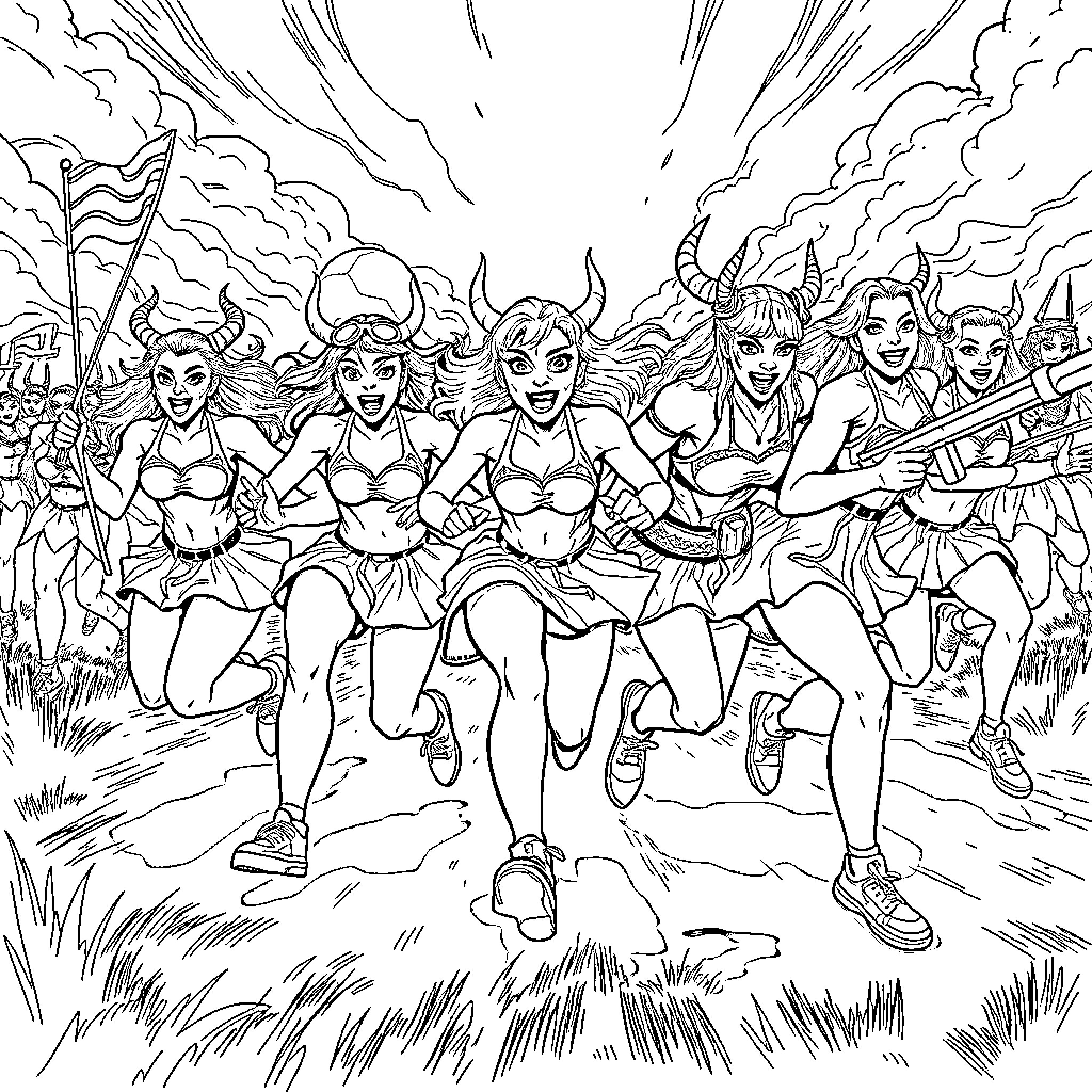 Cheerleaders in action during a chaotic battle scene Coloring Page (free black-and-white line drawing printable PDF for all, from beginners to advanced learners, including children, teens, adults, and seniors)